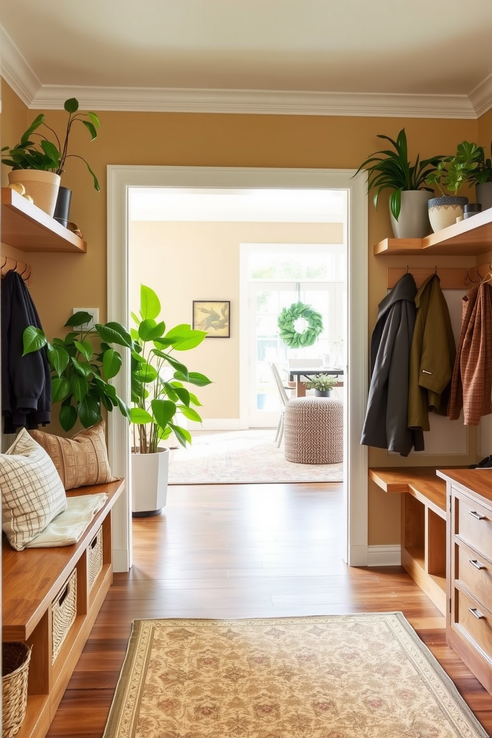 A welcoming mudroom near the family room features built-in storage benches with soft cushions and hooks for coats. Lush green plants are placed on shelves and in corners, adding a fresh and vibrant atmosphere to the space. The walls are painted in a warm neutral tone, complementing the natural wood finishes of the furniture. A patterned rug lies on the floor, providing comfort and style while enhancing the overall inviting feel of the mudroom.