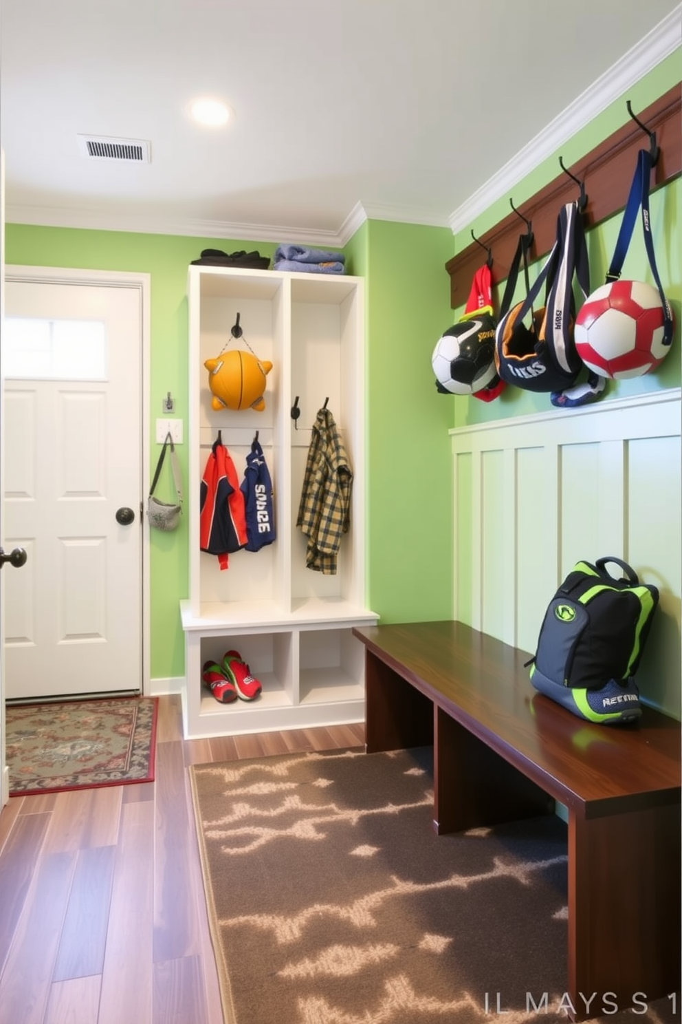 A functional mudroom designed for easy organization of sports equipment. The space features built-in cubbies with individual hooks for hanging gear and a long bench for seating. The walls are painted in a bright, cheerful color to create an inviting atmosphere. Durable flooring is used to withstand wear and tear, with a stylish area rug adding warmth to the space.