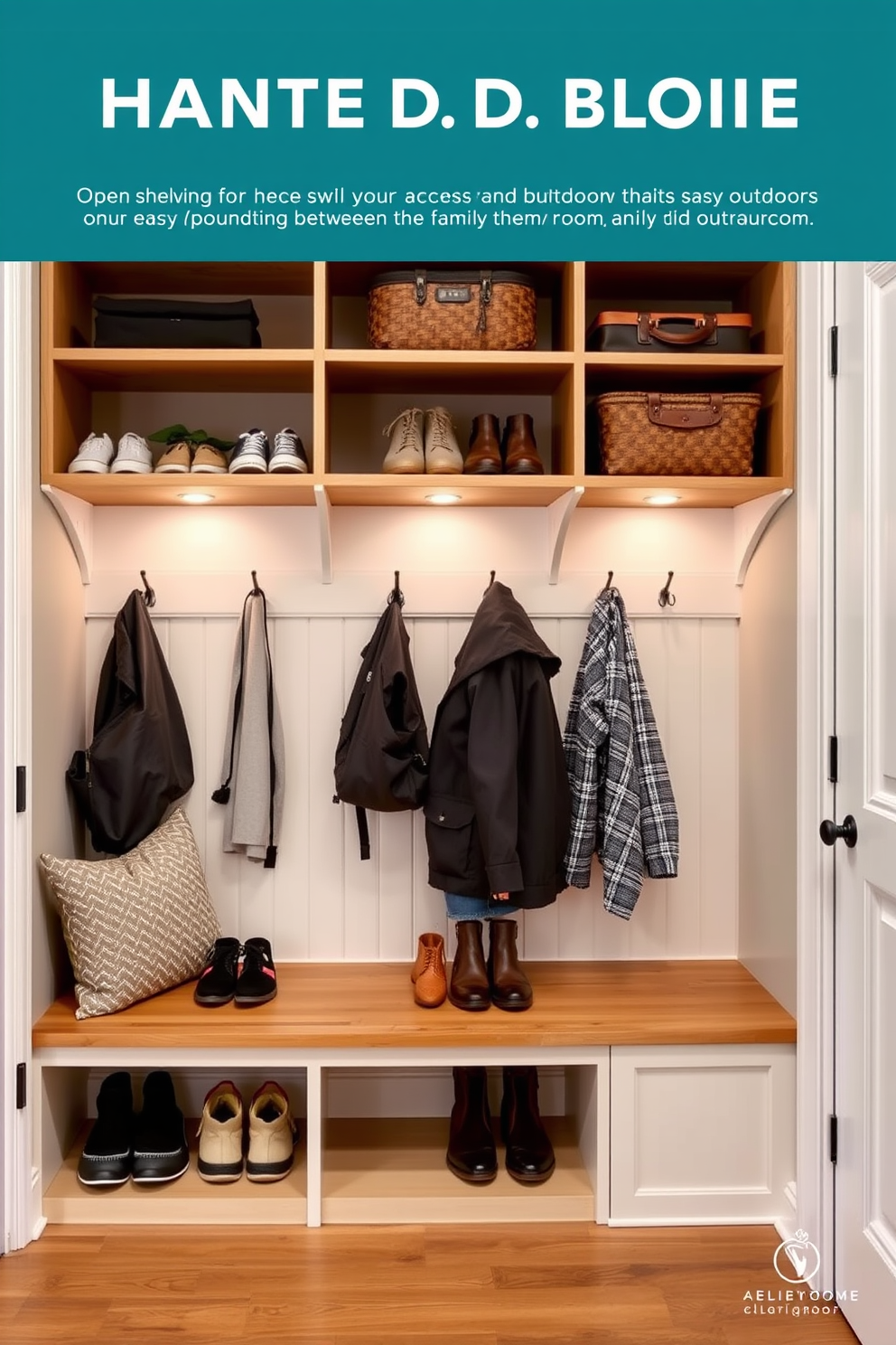 A functional mudroom design featuring open shelving for easy access to shoes and outdoor gear. The space is adorned with hooks for coats and a bench for convenience, creating a welcoming transition between the family room and the outdoors.