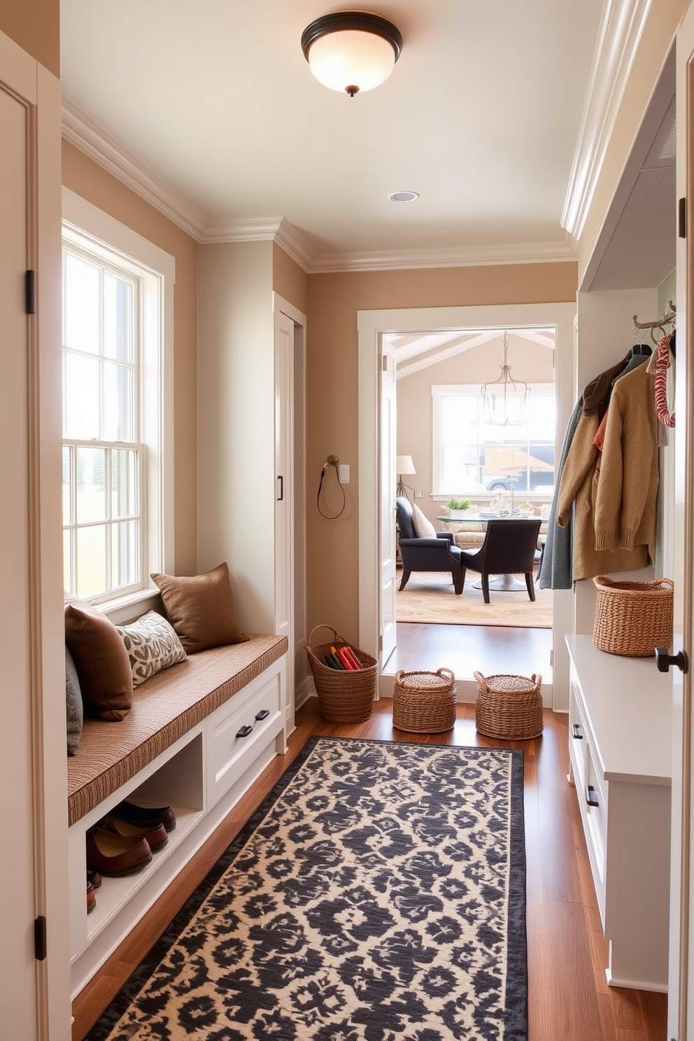 A welcoming mudroom features built-in storage benches with soft cushions and hooks for coats. The space is painted in warm neutral tones, creating a seamless transition into the adjacent family room. Natural light floods the mudroom through a large window, enhancing the inviting atmosphere. A stylish area rug defines the space, while decorative baskets provide functional storage for shoes and outdoor gear.