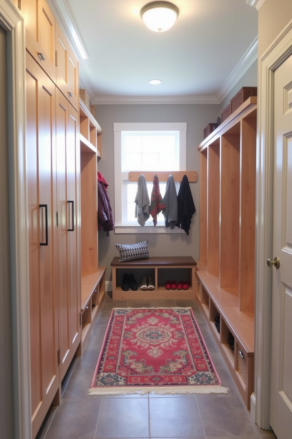 A functional mudroom featuring built-in lockers designed for organized storage. The lockers are crafted from light wood and include hooks for coats and cubbies for shoes, with a bench for convenience. The walls are painted in a soft gray tone, creating a calm atmosphere, while the floor is tiled with durable, easy-to-clean materials. Natural light streams in through a nearby window, illuminating a decorative rug that adds a pop of color to the space.