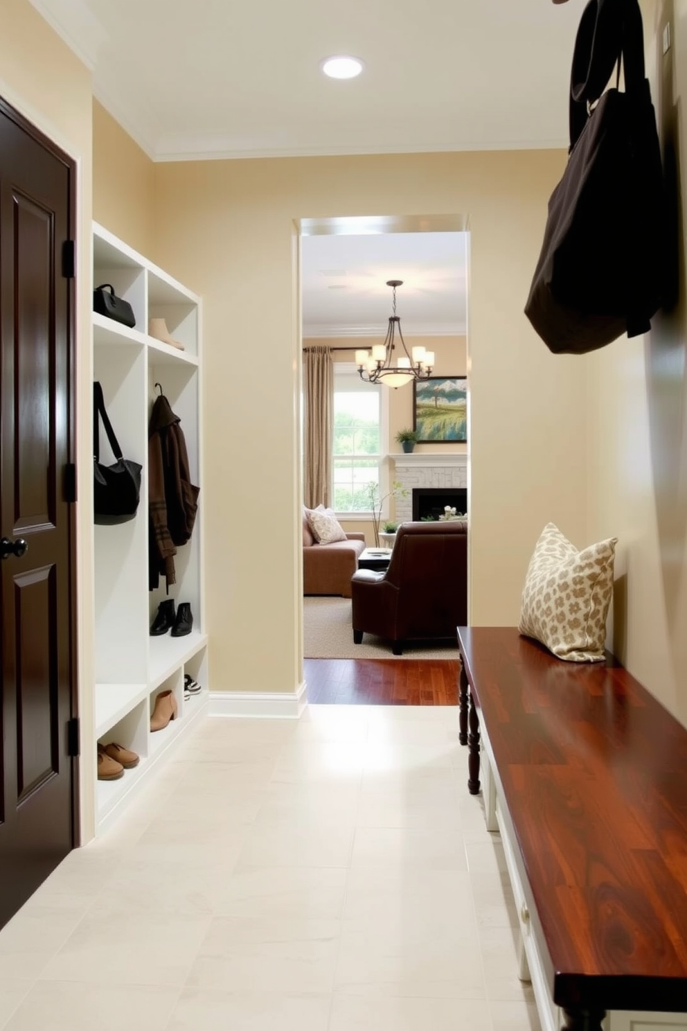 A stylish mudroom adjacent to the family room features built-in cubbies designed for shoes and bags. The space is accented with a warm color palette, including soft beige walls and a rich wooden bench, providing both functionality and aesthetic appeal.