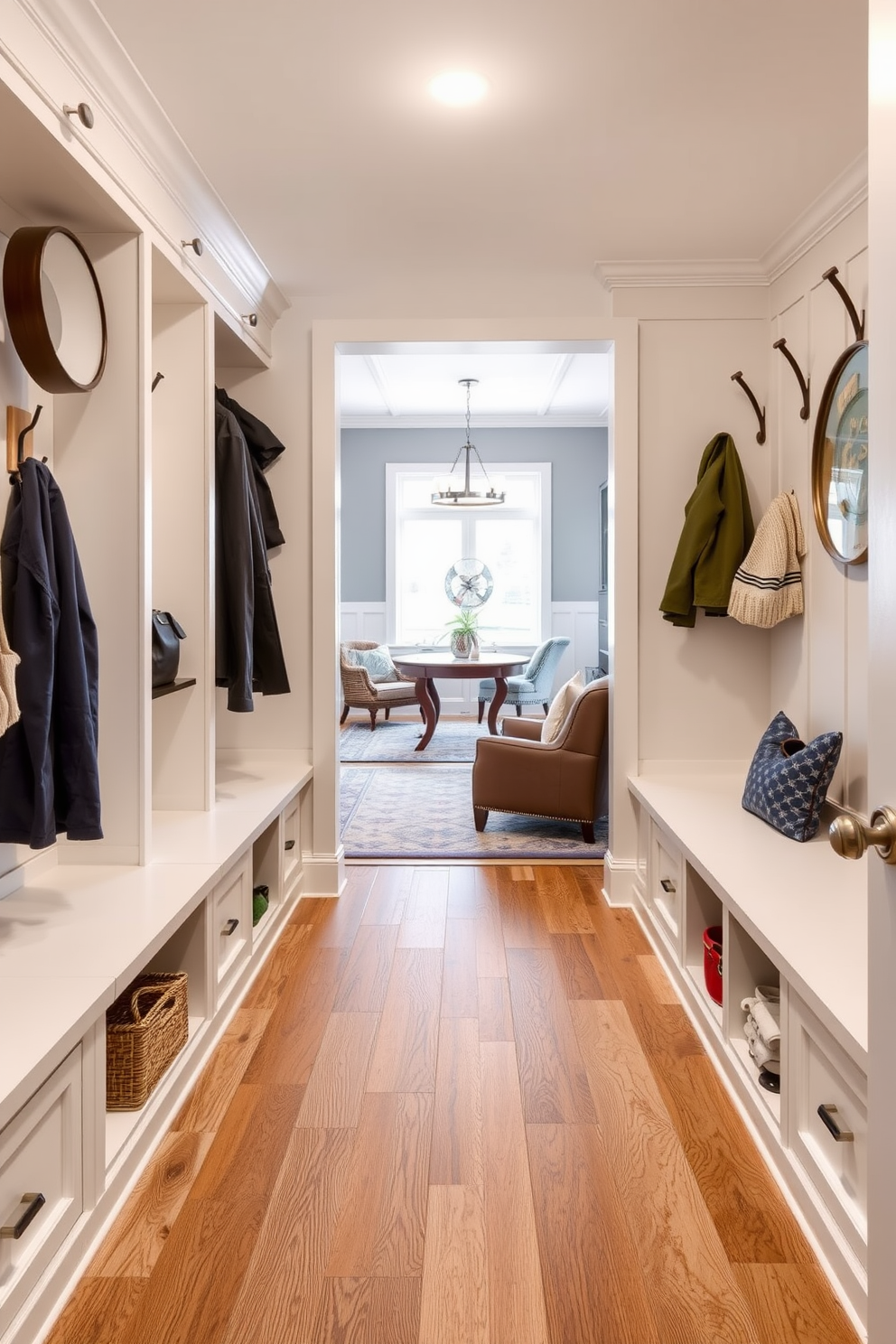 A functional mudroom designed for high traffic features durable, easy-to-clean flooring such as luxury vinyl planks or ceramic tiles. The space includes built-in benches with storage cubbies, hooks for coats, and a welcoming color palette that connects seamlessly to the adjacent family room.