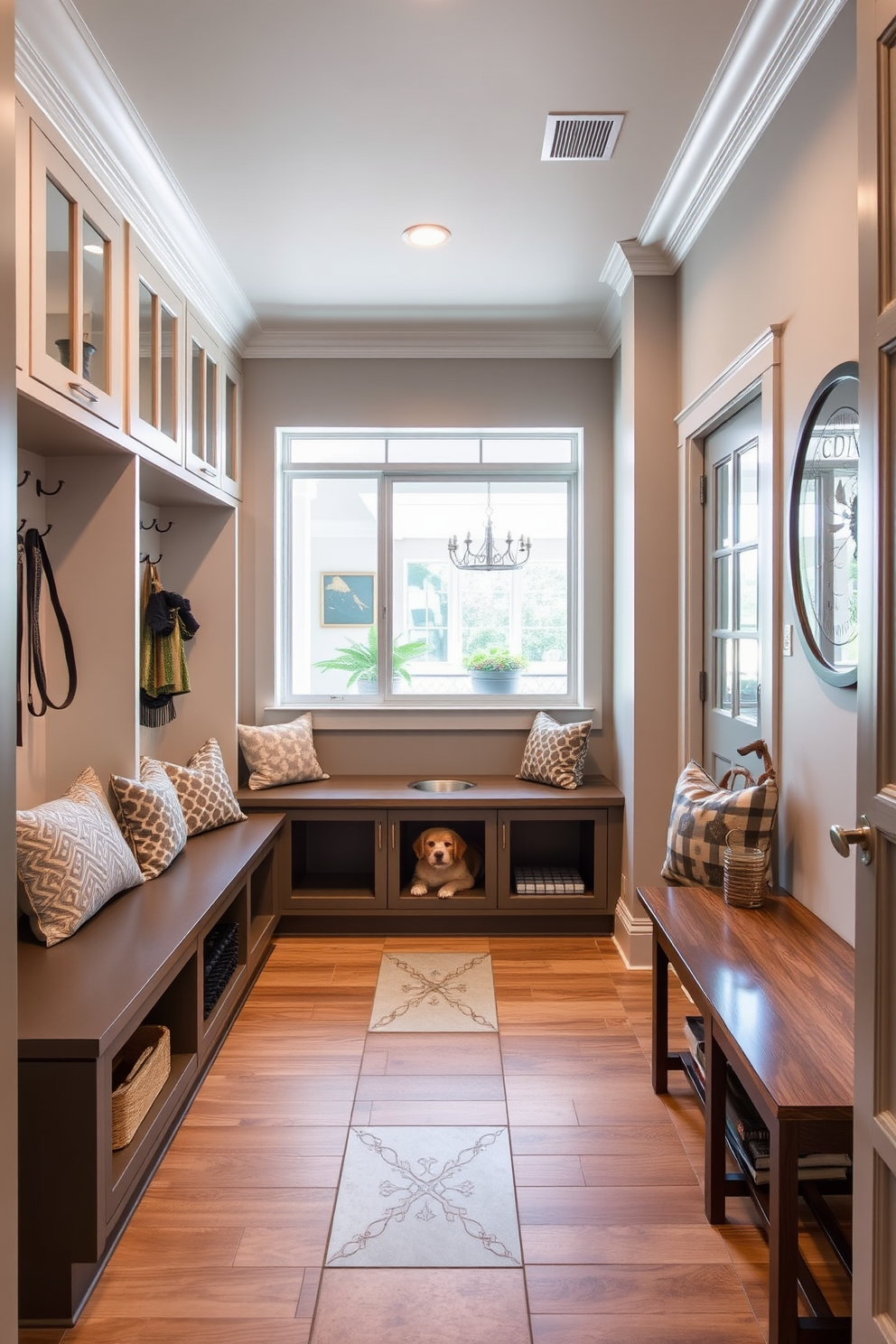 A functional integrated pet station is designed within a stylish mudroom that seamlessly connects to the family room. This space features built-in storage for pet supplies, a cozy nook for a pet bed, and a designated area for feeding bowls, all while maintaining a cohesive aesthetic with the home's decor. The mudroom is adorned with durable yet elegant materials, including a bench with soft cushions and hooks for leashes and coats. Natural light floods the area through a large window, and the flooring is both practical and appealing, combining tiles and wood elements for easy cleaning and warmth.