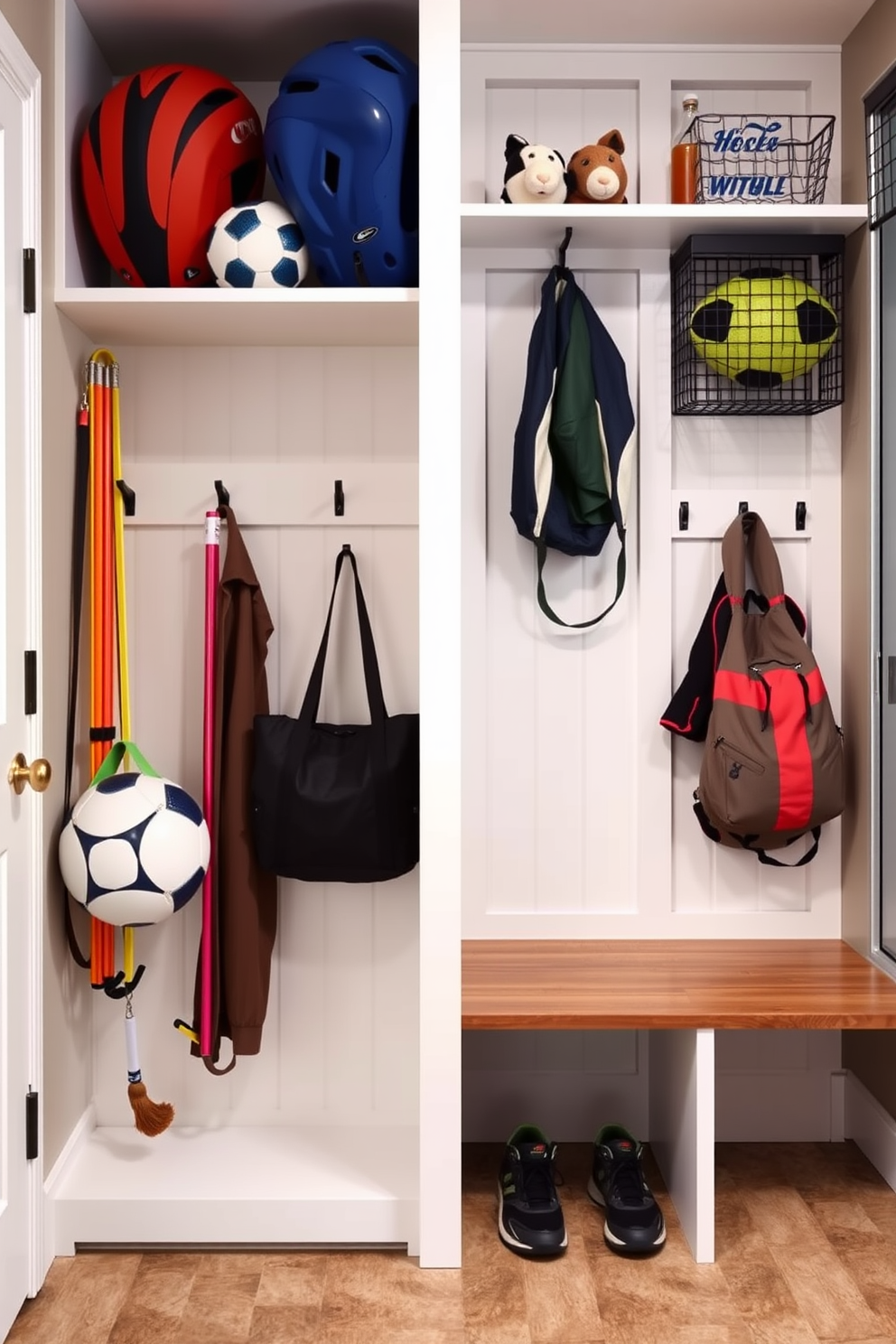 A functional mudroom near the garage features vertical storage solutions for sports equipment. The design includes tall shelving units with hooks for hanging items, and a bench for easy seating while putting on shoes.