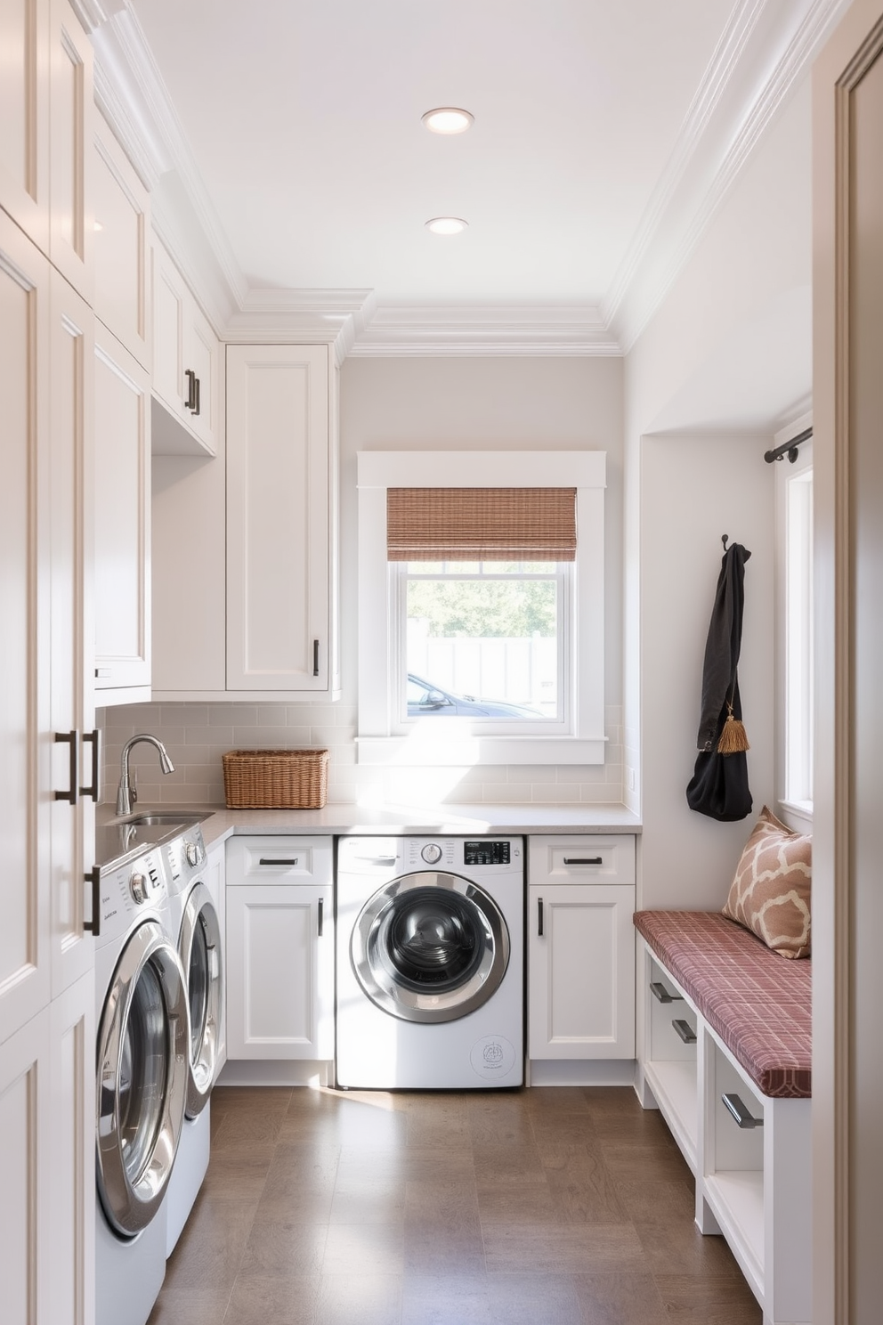 A functional laundry area seamlessly integrated into a spacious mudroom. The space features built-in cabinetry for storage, a large utility sink, and a countertop for folding clothes. The mudroom is designed with easy access to the garage, showcasing a stylish bench with hooks above for coats and bags. Natural light floods the area through a window, highlighting the durable flooring that withstands heavy foot traffic.