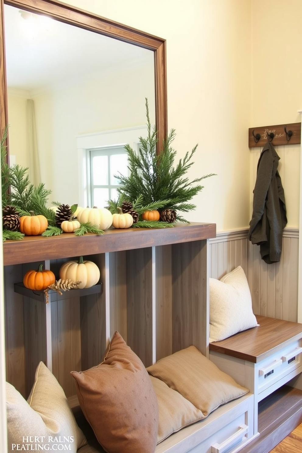 A cozy seasonal decor display space features a rustic wooden shelf adorned with pumpkins, pinecones, and evergreen branches. The backdrop is painted in a warm cream color, and a large framed mirror reflects the inviting arrangement. The mudroom near the garage is designed with built-in cubbies for shoes and jackets, finished in a soft gray wood. A bench with plush cushions provides a comfortable spot to sit, while a wall-mounted coat rack adds functionality and style.