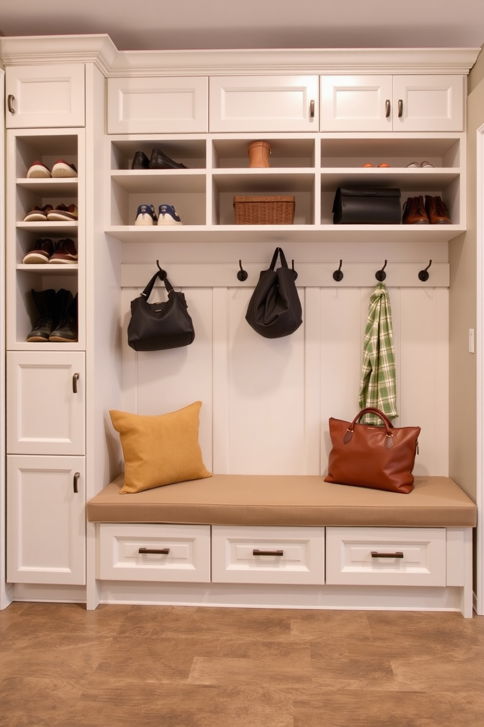 A functional drop zone designed for everyday items in a mudroom near the garage features built-in cabinetry with ample storage for shoes and bags. A bench with a cushioned seat sits below a row of hooks for hanging coats, while a durable floor material withstands heavy foot traffic.