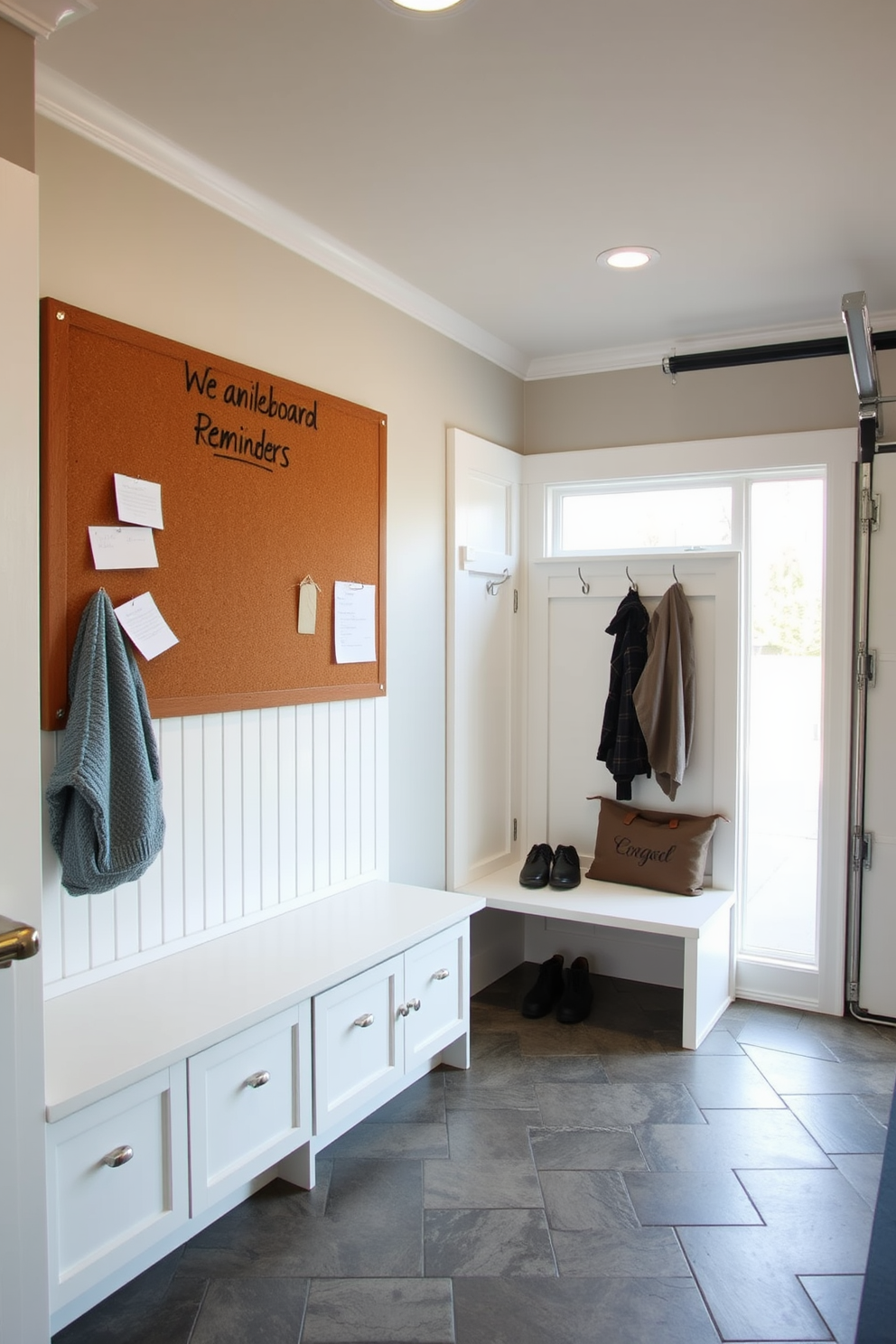 A functional mudroom near the garage features a spacious corkboard mounted on the wall for family reminders. The area includes built-in benches with storage underneath, hooks for coats, and a durable tile floor for easy cleaning.