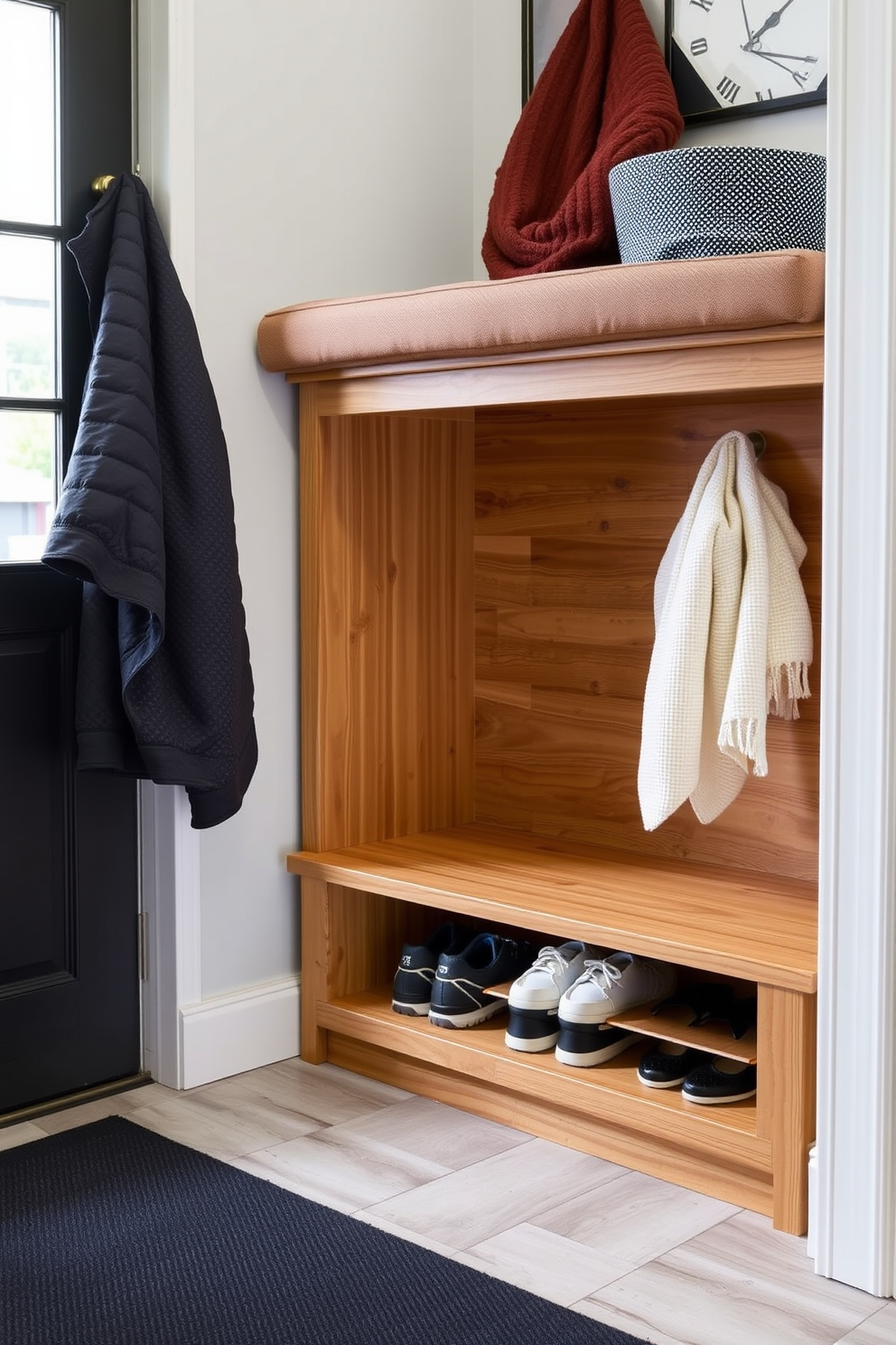 A functional mudroom near the garage features a built-in under-bench shoe storage unit designed for tidiness. The storage is crafted from natural wood with a smooth finish, complemented by a cushioned bench above for comfortable seating.