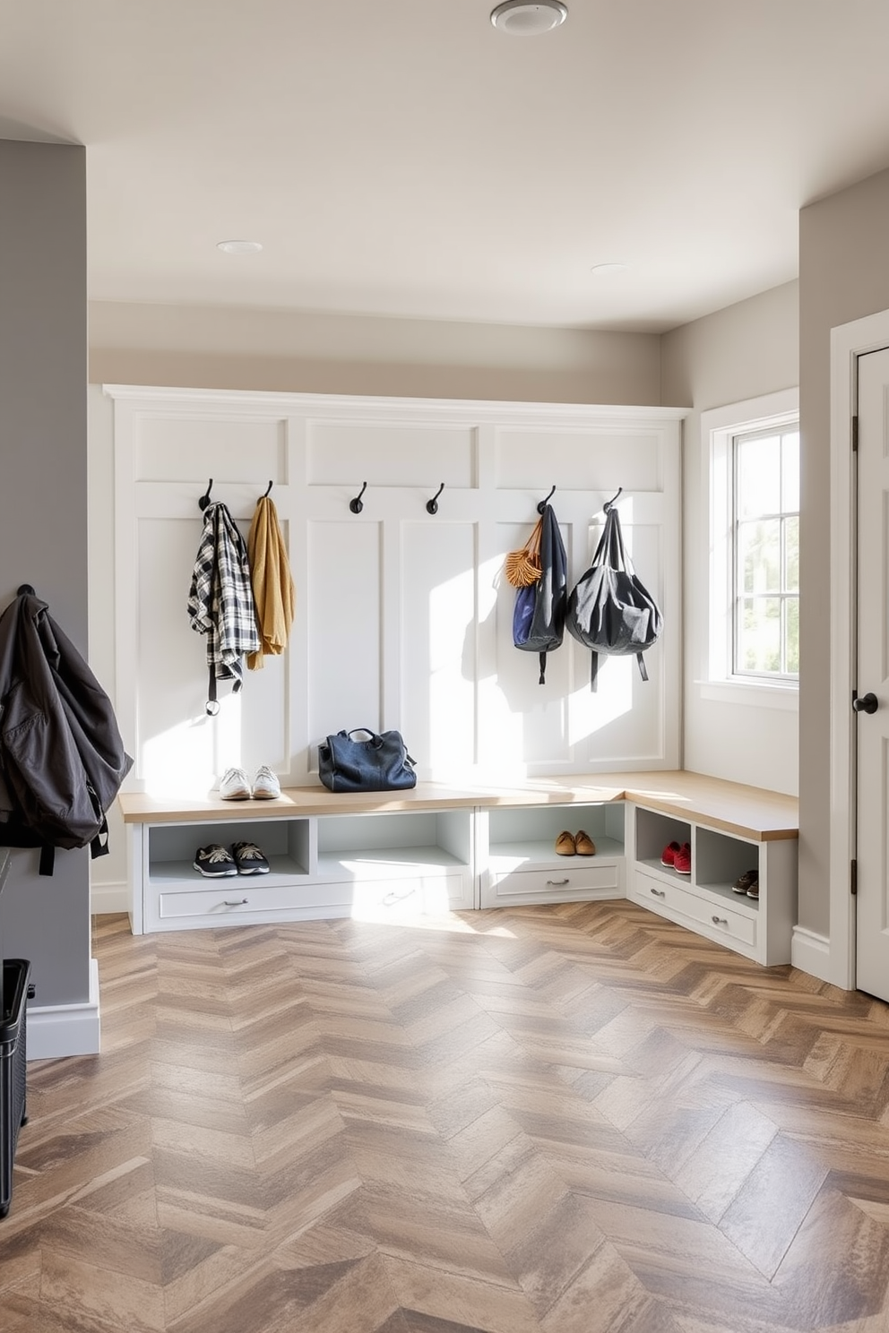 Bright lighting floods the mudroom, creating a welcoming atmosphere. The space features built-in storage benches with hooks above for coats and bags, seamlessly blending functionality with style. The walls are painted in a soft gray, enhancing the brightness of the room. Durable tile flooring in a herringbone pattern adds texture and is easy to clean, perfect for a space near the garage.