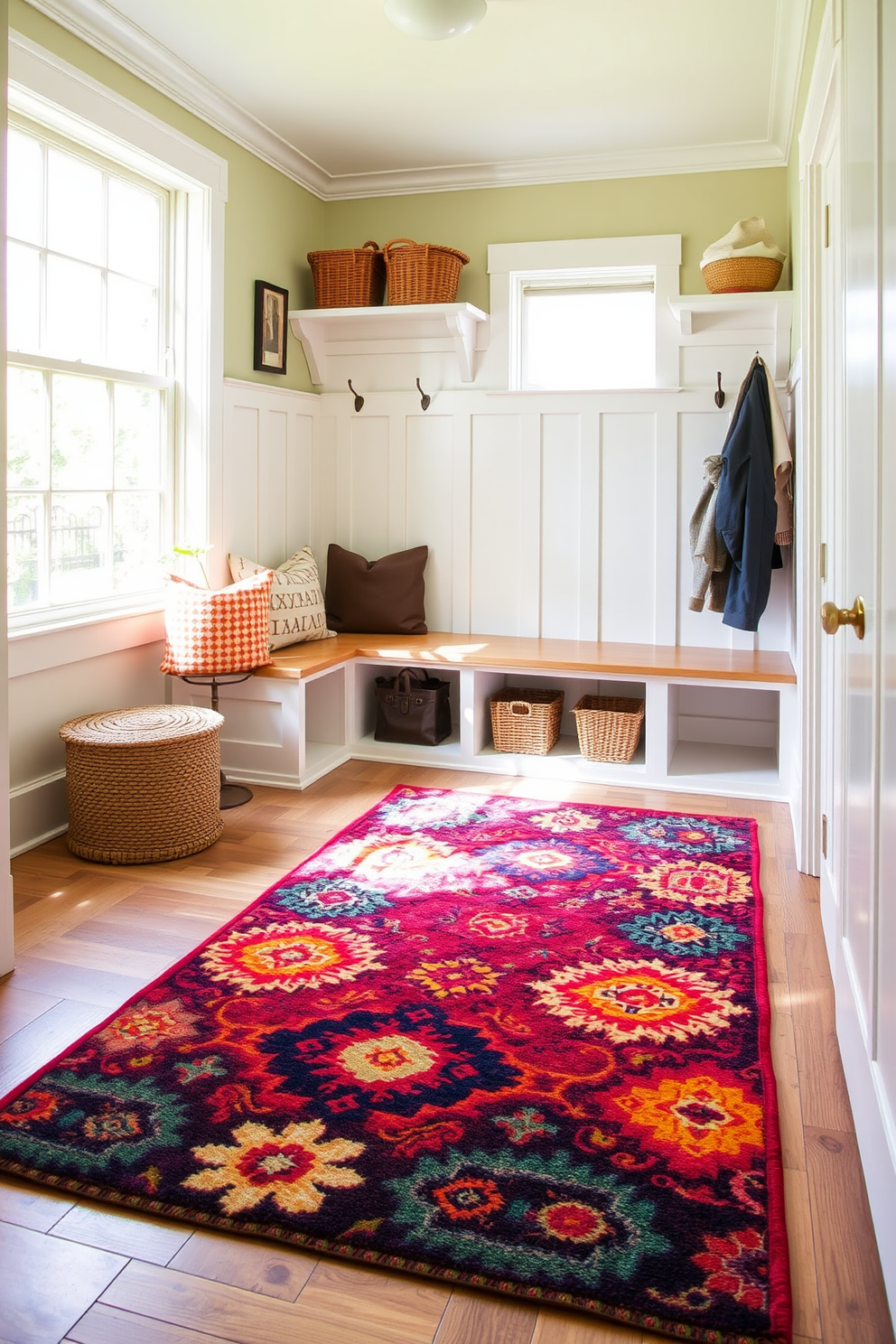 A colorful area rug is placed in the mudroom, adding warmth and comfort to the space. The rug features vibrant patterns that complement the surrounding decor and provide a welcoming atmosphere. The mudroom is designed with practical storage solutions, including built-in benches and hooks for coats and bags. Natural light floods the area through a nearby window, enhancing the inviting feel of the space.