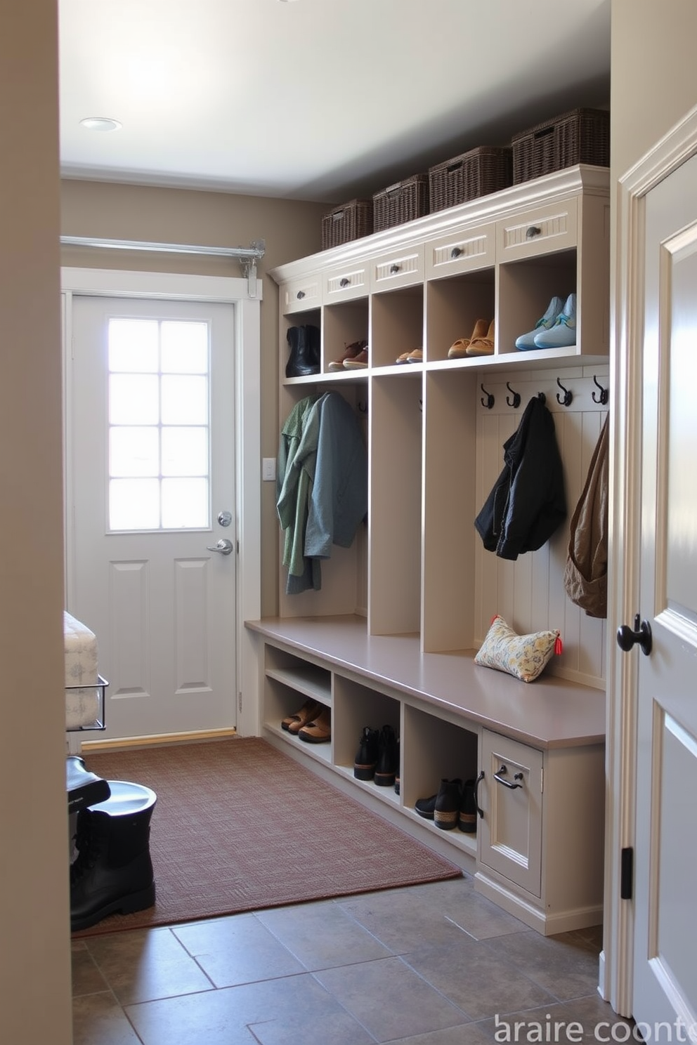 A functional mudroom adjacent to the garage features built-in storage solutions including cubbies for shoes and hooks for coats. The space is illuminated by natural light from a nearby window, enhancing the organization and accessibility of everyday items. Durable materials such as tile flooring and waterproof cabinetry are used to withstand heavy traffic and moisture. A bench with cushions provides a comfortable spot for putting on or taking off shoes, while a small area rug adds a touch of warmth.