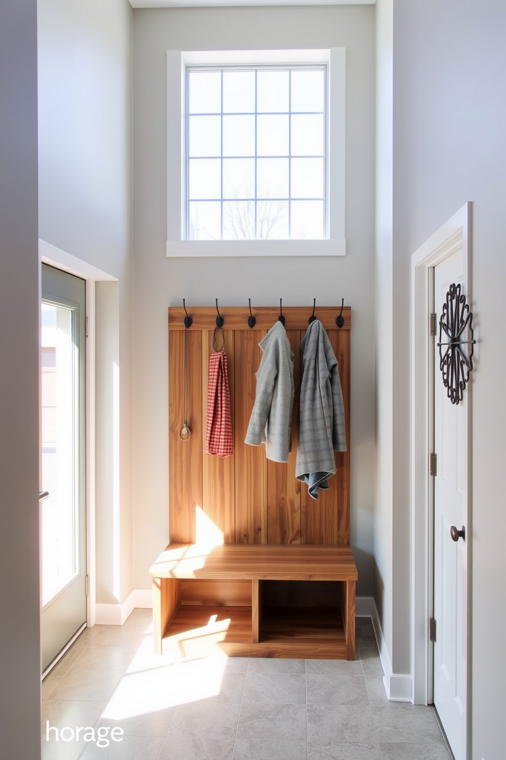 A stylish coat rack serves as the focal point in a modern mudroom adjacent to the garage. The space features a sleek bench with storage underneath, and the walls are painted in a light gray hue to create an inviting atmosphere. Natural light streams in through a large window, illuminating the warm wood tones of the coat rack and bench. Decorative hooks are arranged in an artistic pattern, providing both functionality and visual interest.