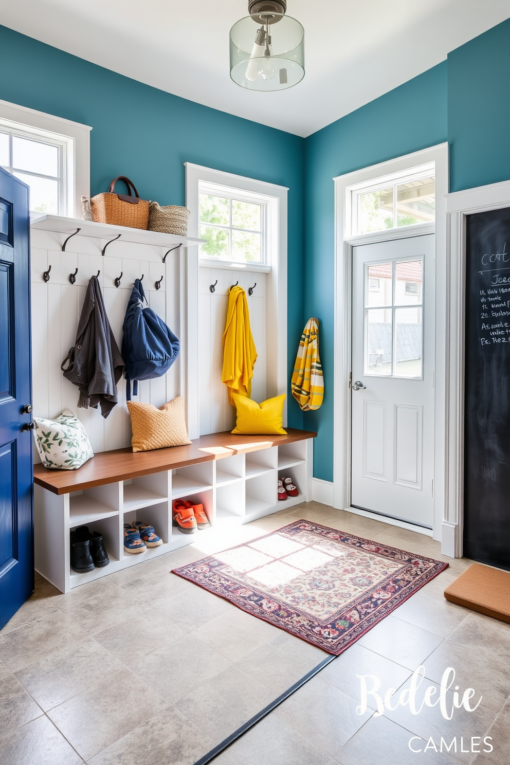 A functional mudroom design with easy-to-clean surfaces that accommodates the needs of busy families. The space features durable tile flooring, a built-in bench with storage cubbies, and a wall of hooks for coats and bags. Bright, inviting colors enhance the atmosphere, while large windows provide natural light. A stylish area rug adds warmth, and a chalkboard wall offers a space for messages and schedules.