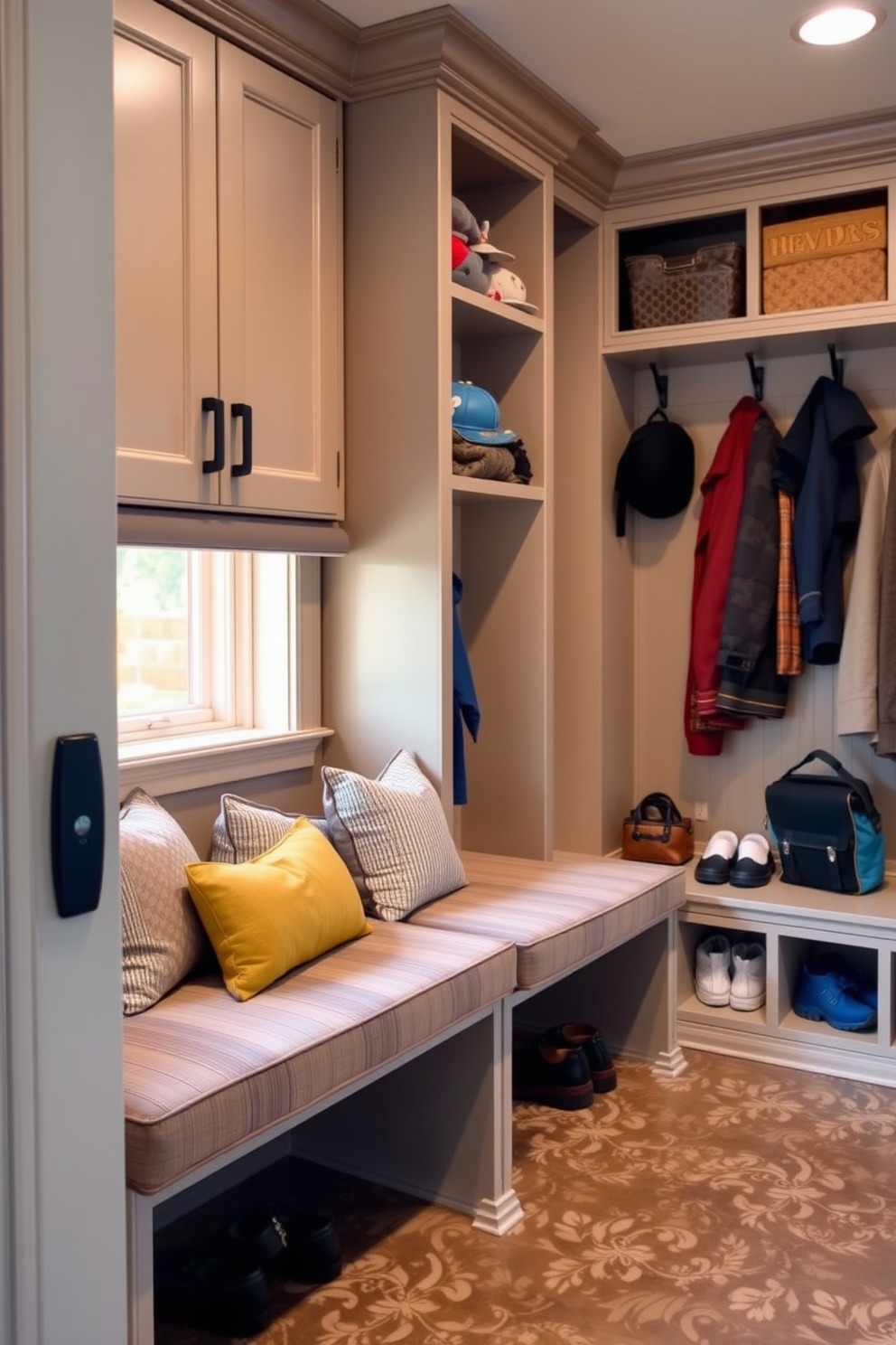 Padded seating is integrated into the mudroom design, providing comfort and convenience for family members as they enter from the garage. The seating is upholstered in a durable fabric, complementing the cabinetry and offering a cozy spot for putting on or taking off shoes. Adjacent to the padded seating, a series of built-in cubbies and hooks are designed for easy organization of coats, bags, and sports equipment. The mudroom features a stylish yet functional tile floor that is easy to clean and adds a touch of elegance to the space.