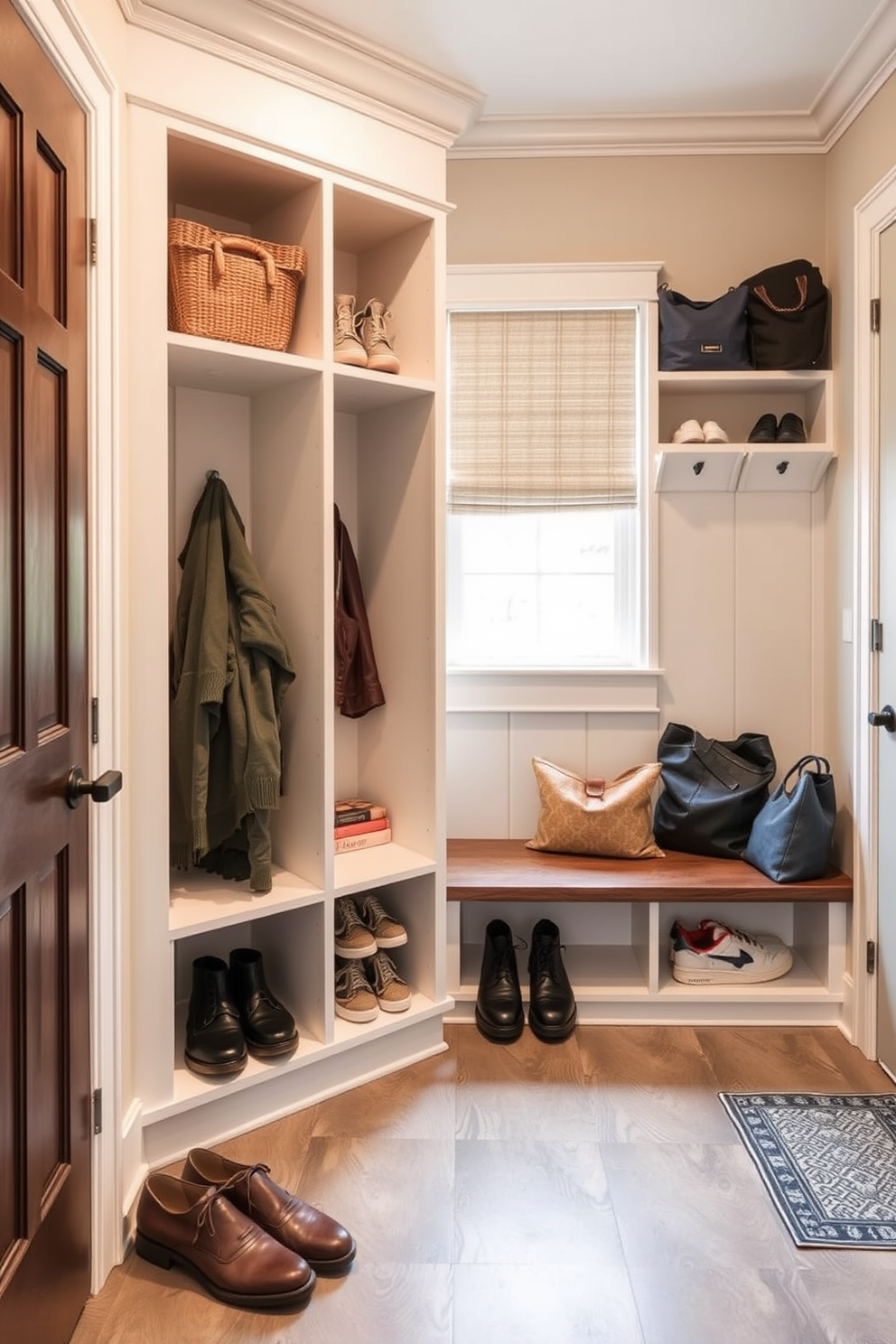 A functional mudroom design featuring built-in cubbies for shoes and bags. The space is designed with a neutral color palette and durable flooring to withstand heavy foot traffic.