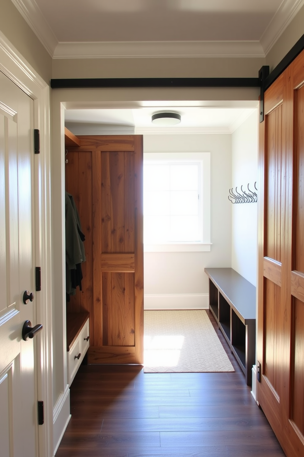 A welcoming mudroom features a sliding barn door that adds rustic charm. Inside, there are built-in benches with storage underneath and hooks for coats along the wall. The mudroom is designed near the garage, making it functional for daily use. Natural light floods in through a window, illuminating the space with a fresh and airy feel.