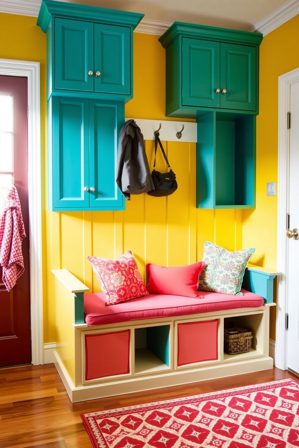 Bright colors create a cheerful and inviting atmosphere in the mudroom. The space features a vibrant yellow accent wall, with built-in cubbies painted in a mix of teal and coral for added charm. A durable bench with colorful cushions provides a comfortable seating area. Hooks for coats and bags are arranged above the bench, while a patterned rug adds warmth to the floor.