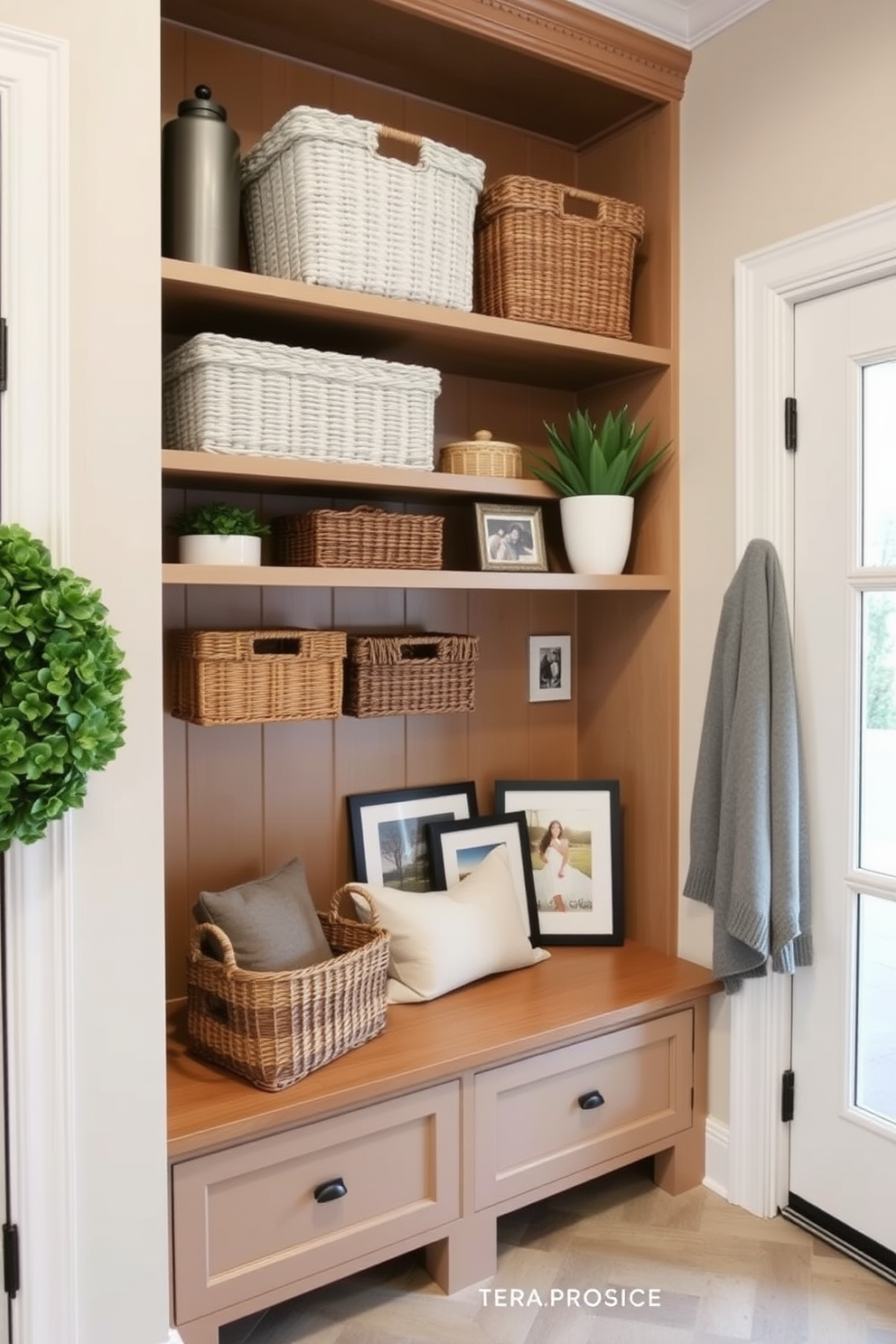 A functional mudroom near the garage features open shelving designed for decorative storage. The shelves are filled with stylish baskets, potted plants, and framed photos, creating an inviting atmosphere.