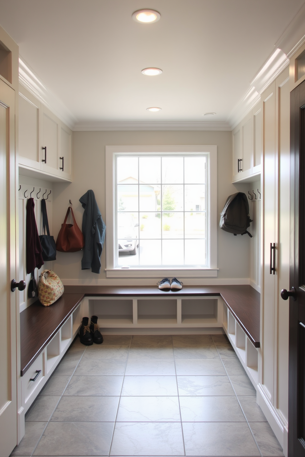 A functional mudroom near the garage features durable tile flooring that is easy to clean and maintain. The space includes built-in storage benches with hooks for coats and bags, creating an organized and welcoming entryway.