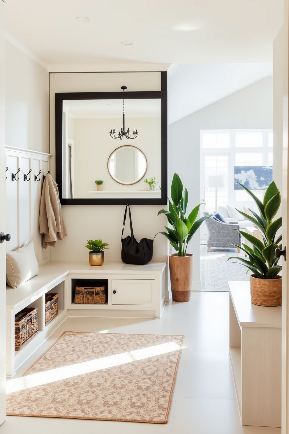 A welcoming mudroom near the living room features a large mirror that reflects natural light, creating an airy and bright atmosphere. The space includes built-in benches with storage underneath, complemented by stylish hooks for coats and bags. Soft neutral tones dominate the color palette, while a patterned rug adds warmth and texture to the floor. Potted plants are strategically placed to enhance the natural light and bring a touch of greenery to the design.