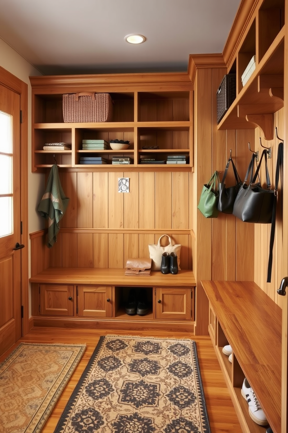 Natural wood finishes create a warm and inviting atmosphere in the mudroom. It features built-in wooden benches with soft cushions, and open shelving for easy access to shoes and bags. The walls are painted in a soft beige to complement the natural wood tones. A decorative rug adds texture, while hooks for coats and bags are neatly arranged along one side.