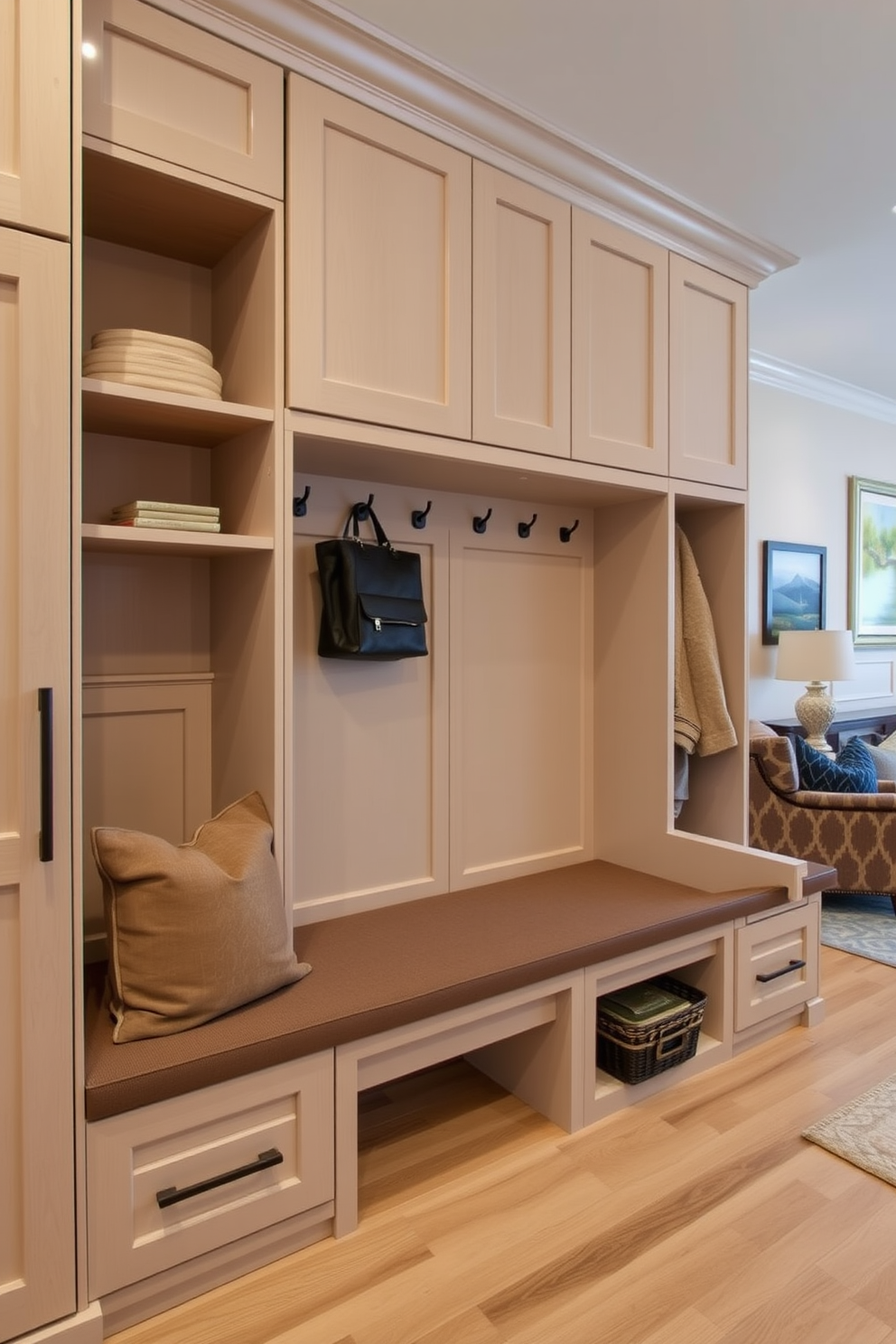 Custom cabinetry for personalized storage creates a seamless and organized space. The cabinetry features sleek lines and a mix of open and closed shelving, allowing for both functionality and aesthetic appeal. The mudroom near the living room is designed for convenience and style. It includes built-in benches with plush cushions, hooks for coats, and a combination of cabinetry that blends with the living room decor.