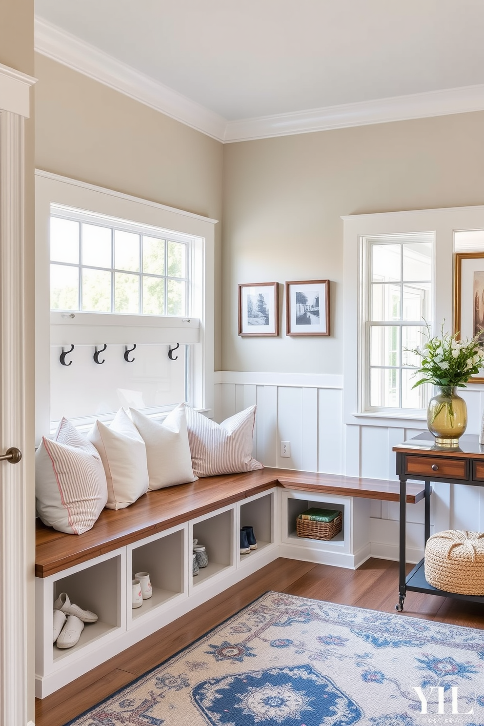 Seating nook with cushions and pillows. A cozy corner features a built-in bench with plush cushions in soft pastel colors, surrounded by large windows that allow natural light to flood the space. Mudroom. The mudroom showcases a practical design with a wooden bench for seating, hooks for coats, and built-in cubbies for shoes, all accented by a cheerful color palette that invites organization. Near Living Room Design Ideas. The transition area near the living room is adorned with a stylish console table, framed artwork on the walls, and a decorative rug that ties the space together, creating a welcoming atmosphere.