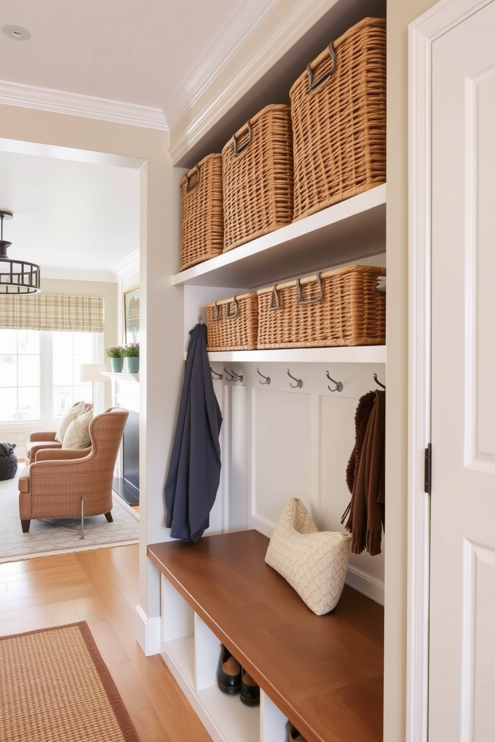 A functional mudroom near the living room features woven baskets neatly arranged on open shelves for easy organization. The space is designed with a warm color palette and includes hooks for coats and a bench for seating.