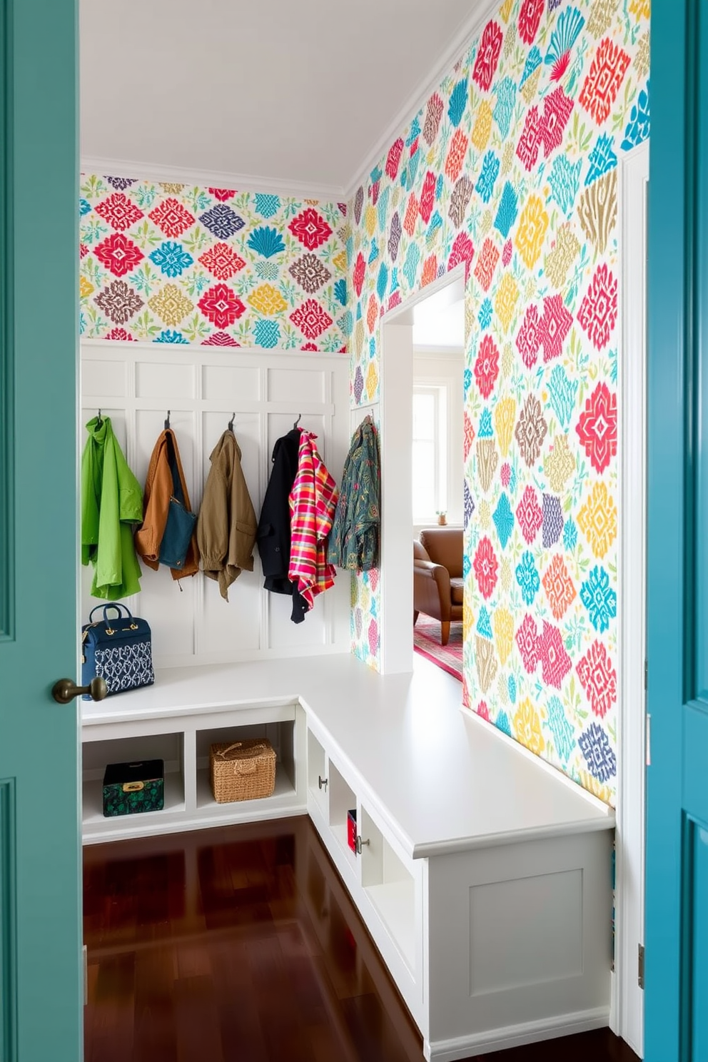 A vibrant mudroom that features colorful wallpaper with playful patterns to create a fun and inviting atmosphere. The space includes built-in storage benches and hooks for coats, seamlessly connecting to the adjacent living room with a cohesive design flow.