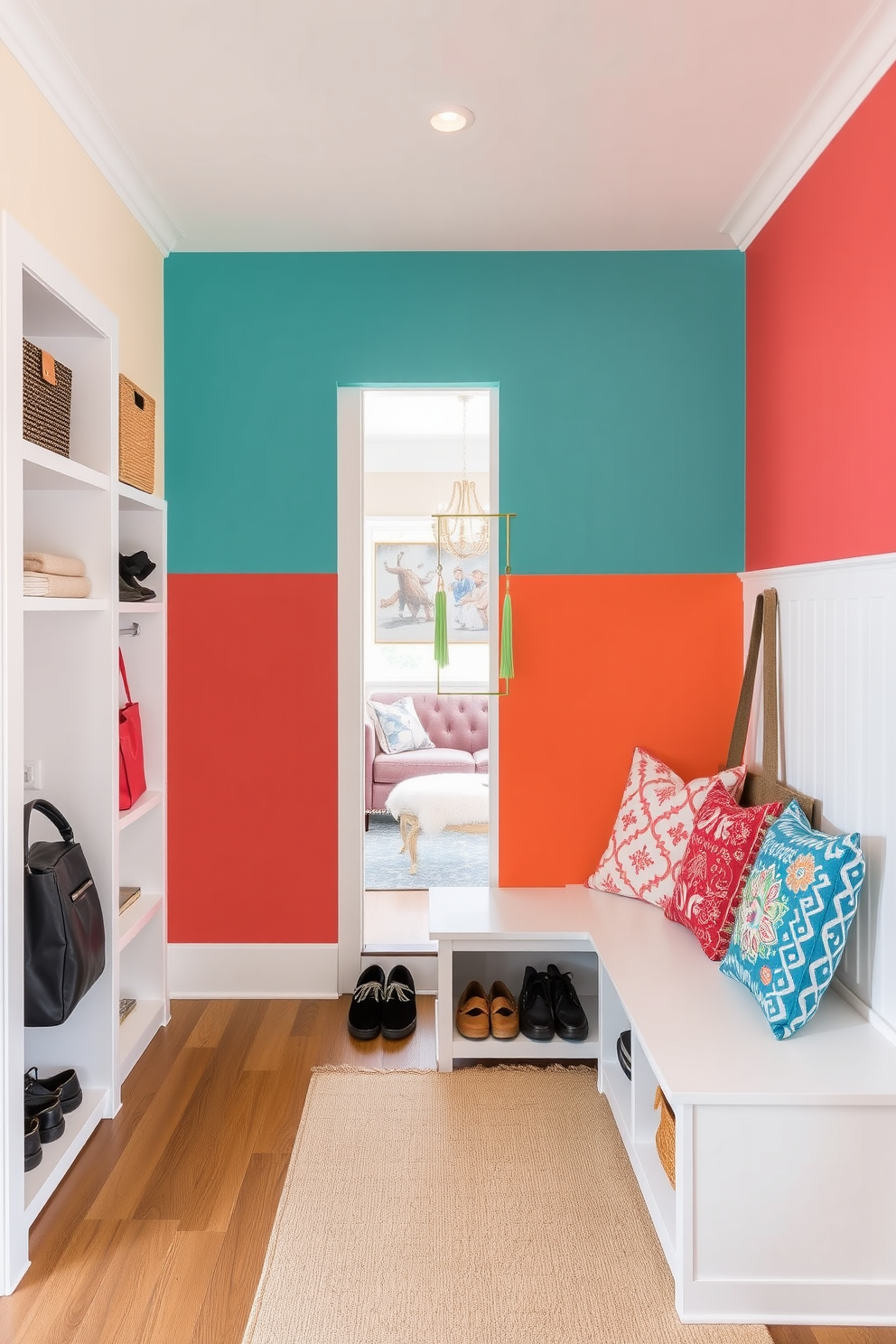 Brightly colored accent wall design. The wall features vibrant shades of teal and coral, creating a lively focal point in the room. Mudroom near living room design ideas. The space includes built-in benches with colorful cushions and open shelving for shoes and bags, seamlessly connecting to the living area.