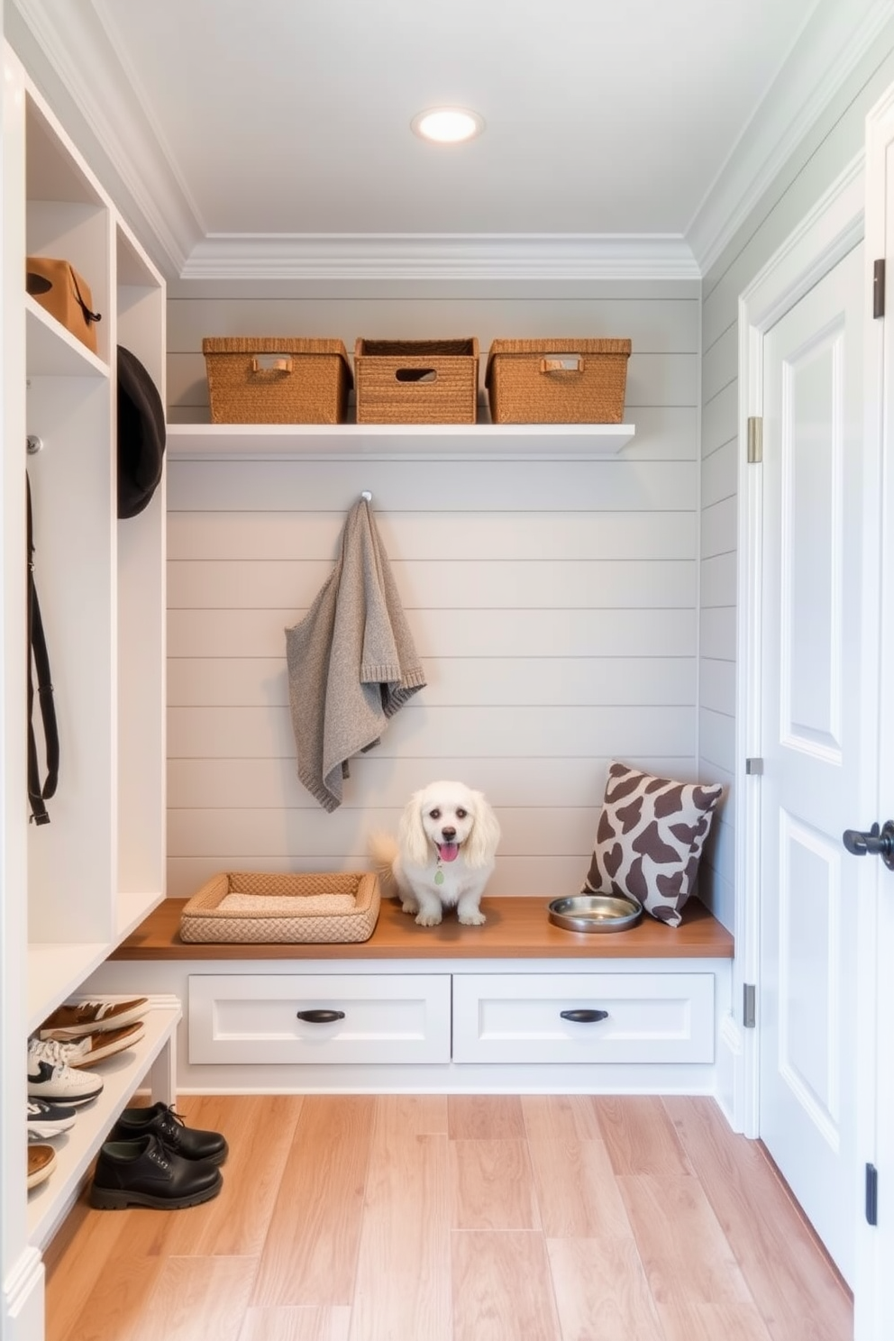 A stylish mudroom seamlessly integrates a pet area for convenience. This space features built-in benches with storage for shoes and pet supplies, while a designated area for pet beds and feeding bowls adds functionality. The walls are adorned with shiplap in a soft gray hue, creating a cozy yet modern atmosphere. Durable flooring with a wood-like finish ensures easy cleanup and complements the overall design aesthetic.