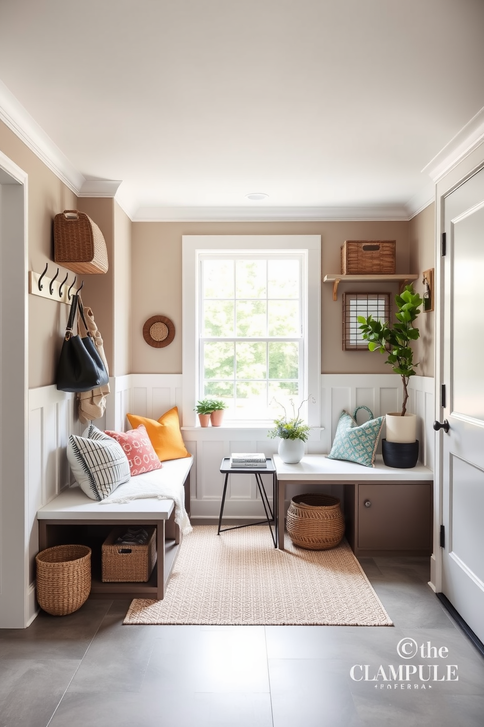 A stylish mudroom seamlessly integrates with the living room, featuring multi-functional furniture for versatility. The space includes a sleek bench with built-in storage, surrounded by hooks for coats and bags, and a small table for dropping keys and mail. Natural light floods the area through a large window, highlighting a neutral color palette with pops of vibrant accessories. Decorative baskets and potted plants add warmth and character to this functional yet inviting space.