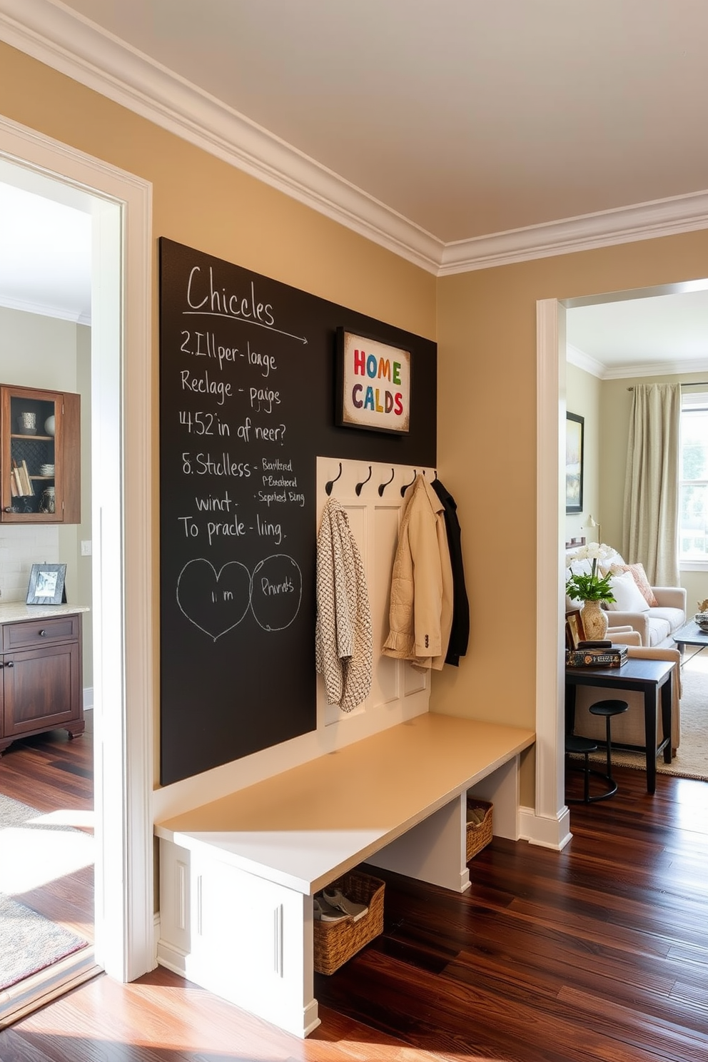 A functional mudroom features a chalkboard wall for notes and reminders, providing a practical and stylish touch to the space. The area includes built-in storage benches and hooks for coats, seamlessly connecting to the adjacent living room with a cohesive color palette. The design incorporates a spacious layout with durable flooring to withstand daily use. Natural light floods the area through a nearby window, enhancing the welcoming atmosphere of the mudroom.