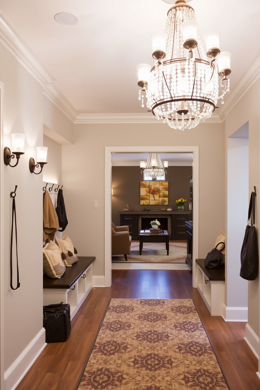 Elegant lighting fixtures for ambiance. A stunning chandelier hangs from the ceiling, casting a warm glow throughout the room. Wall sconces frame the entrance, providing soft illumination that enhances the overall atmosphere. Mudroom near living room design ideas. The mudroom features built-in storage benches with plush cushions, creating a welcoming transition space. Hooks line the walls for coats and bags, while a decorative rug adds a touch of style and comfort.