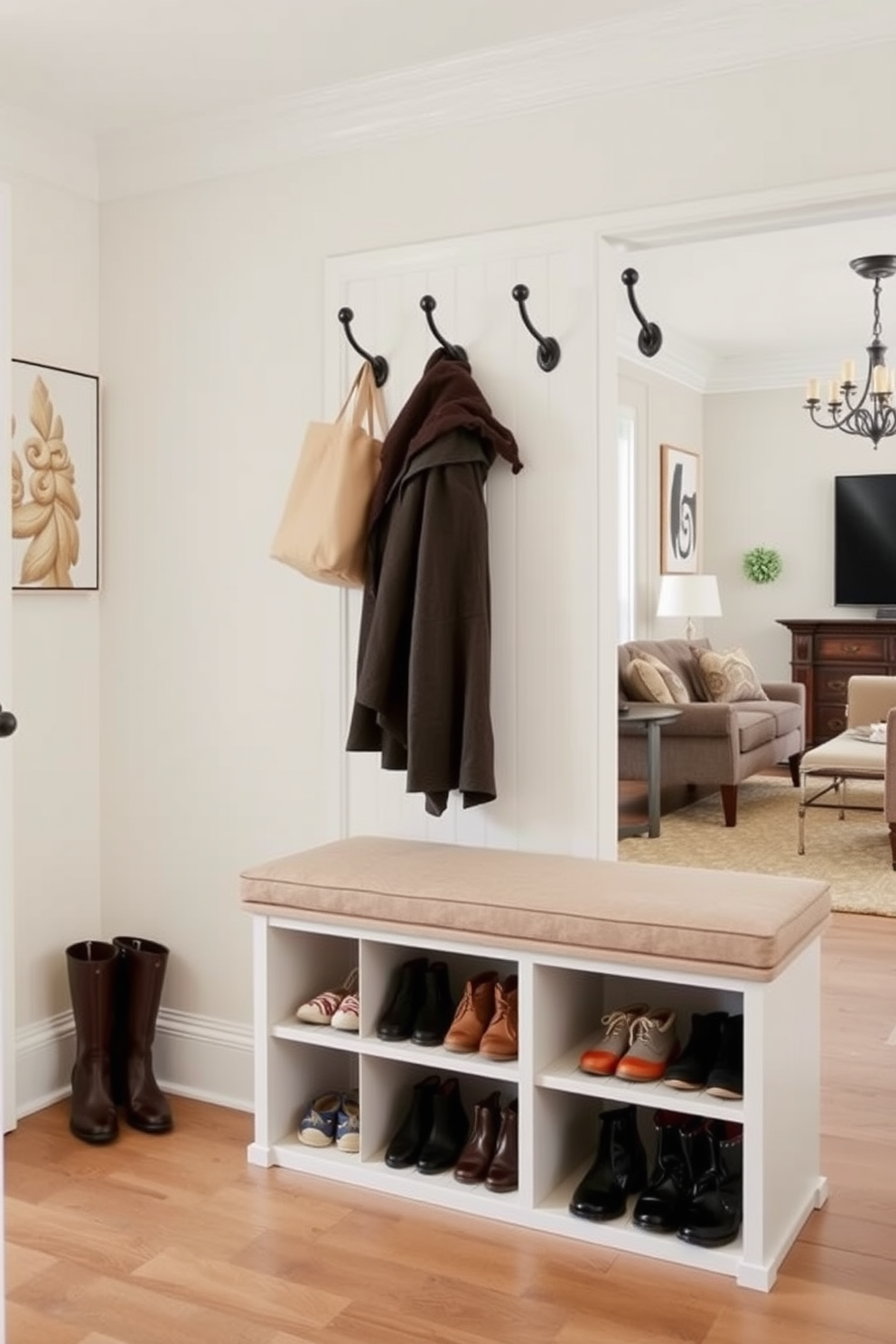 A stylish shoe storage bench is positioned in the mudroom, offering a practical solution for keeping footwear organized. The bench features a soft cushion on top, with cubbies underneath for neatly storing shoes and boots. Adjacent to the living room, the mudroom design incorporates a light color palette that complements the home's interior. Decorative hooks line the wall above the bench, providing a convenient place for coats and bags.