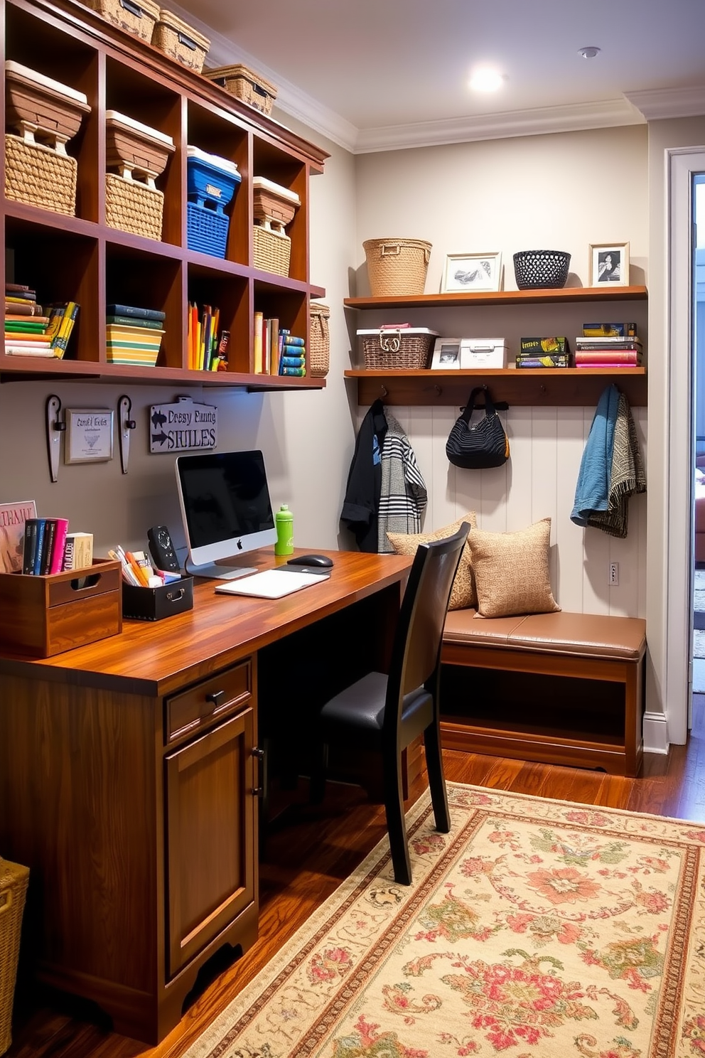 Functional workspace for crafts or bills. A large wooden desk with ample storage sits against the wall, surrounded by shelves filled with colorful supplies. Mudroom near living room design ideas. The space features a built-in bench with plush cushions, hooks for coats, and a decorative rug that adds warmth and style.