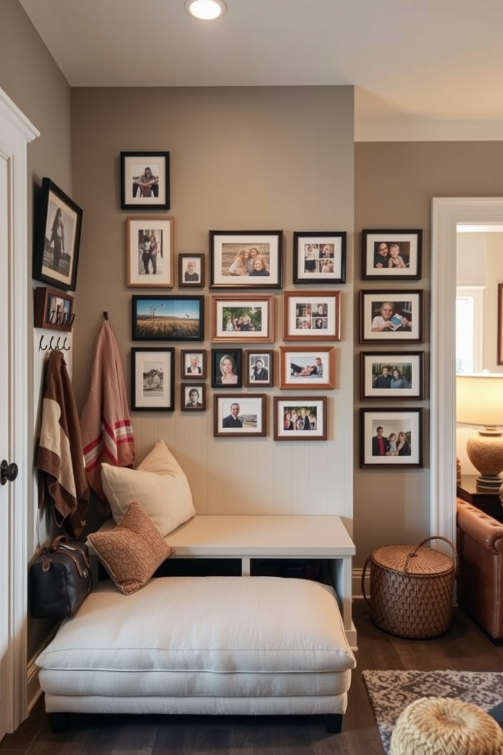 A cozy art display area for family photos. The walls are adorned with a gallery of framed pictures in various sizes, showcasing cherished memories. A functional mudroom with built-in storage solutions. The space features a bench with hooks above for coats and bags, and a durable floor that can withstand heavy foot traffic. Inviting living room design ideas that blend comfort and style. Plush seating arrangements are complemented by warm lighting and a mix of textures to create a welcoming atmosphere.