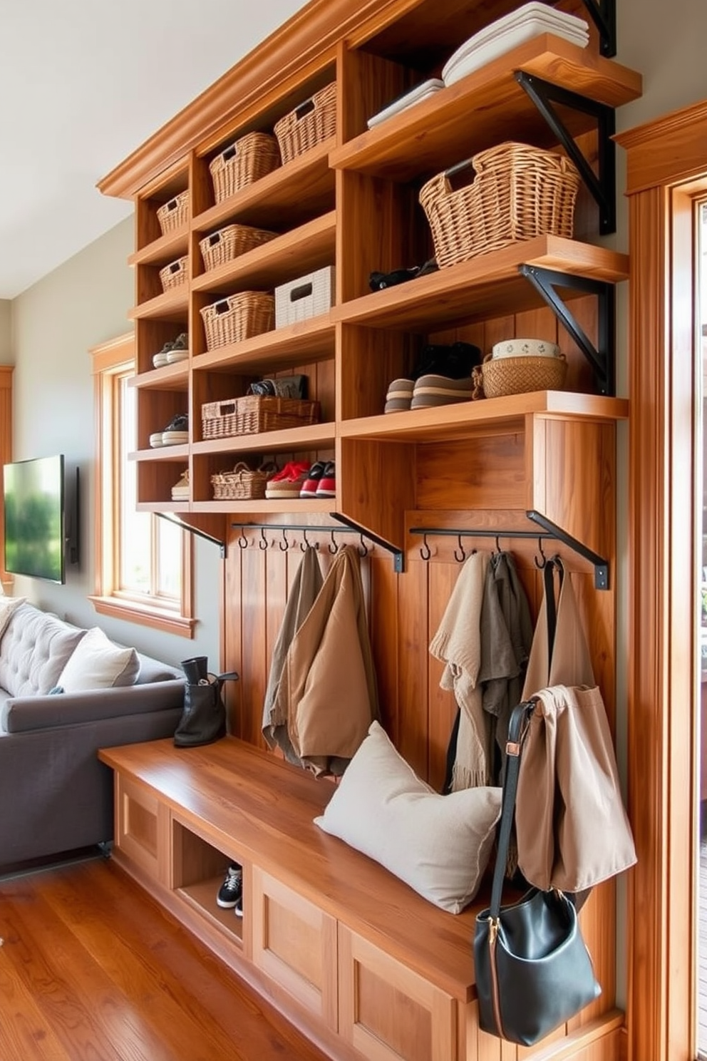 Open shelving design in a mudroom near the living room features a combination of rustic wood and sleek metal brackets. The shelves are filled with neatly organized baskets, shoes, and seasonal items, creating a functional yet stylish space. The mudroom includes a built-in bench with plush cushions and hooks for coats and bags, enhancing convenience and comfort. Natural light floods the area through a nearby window, highlighting the warm tones of the wood and the inviting atmosphere.