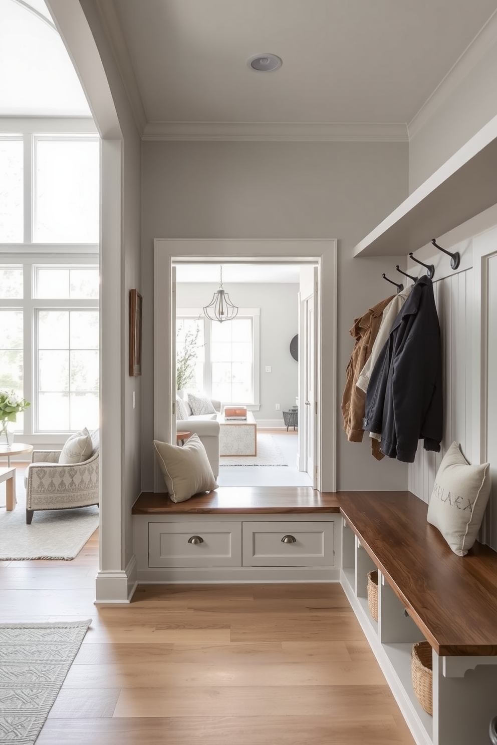 A serene mudroom design that seamlessly transitions into the living room. The space features built-in storage benches with soft cushions and hooks for coats, all in a neutral color palette that promotes a calming effect. Light gray walls create a soothing backdrop, while natural wood accents add warmth. Large windows allow natural light to flood the area, enhancing the inviting atmosphere.