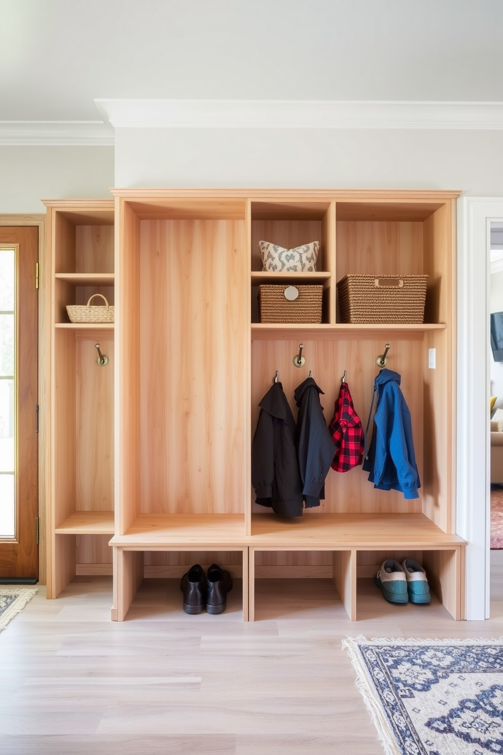 A functional mudroom features built-in cubbies designed for organized storage. The cubbies are crafted from light wood and include hooks for hanging coats, creating a seamless transition from the living room.