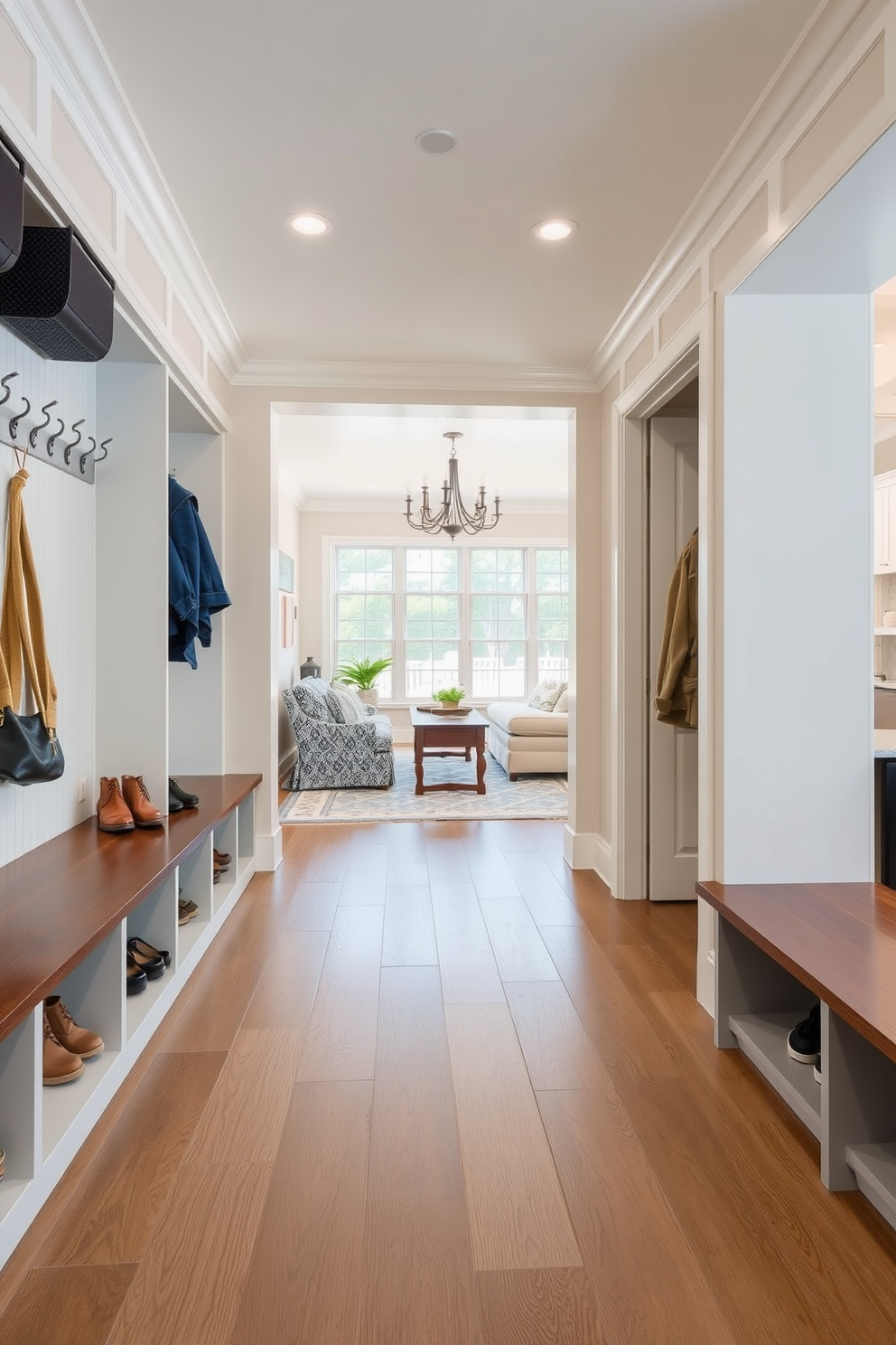 A functional mudroom design that seamlessly connects to the living room. The flooring is a durable, water-resistant material that can withstand high traffic while maintaining an elegant appearance. The mudroom features built-in storage solutions with cubbies for shoes and hooks for coats. Soft lighting illuminates the space, creating a warm and inviting atmosphere.