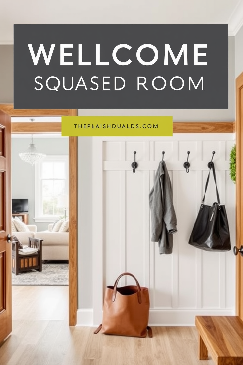 A welcoming mudroom design features stylish wall hooks for coats and bags, providing both functionality and charm. The space is adorned with a neutral color palette and natural wood accents, creating a seamless transition to the adjacent living room.