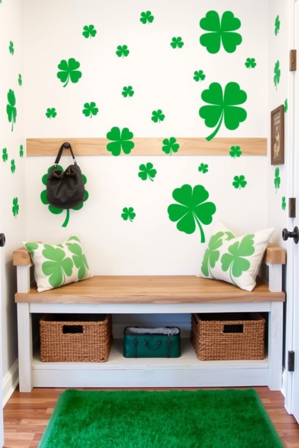 Create a charming mudroom decorated for St. Patrick's Day featuring green shamrock wall decals. The space includes a rustic bench with storage underneath and a vibrant green rug on the floor.