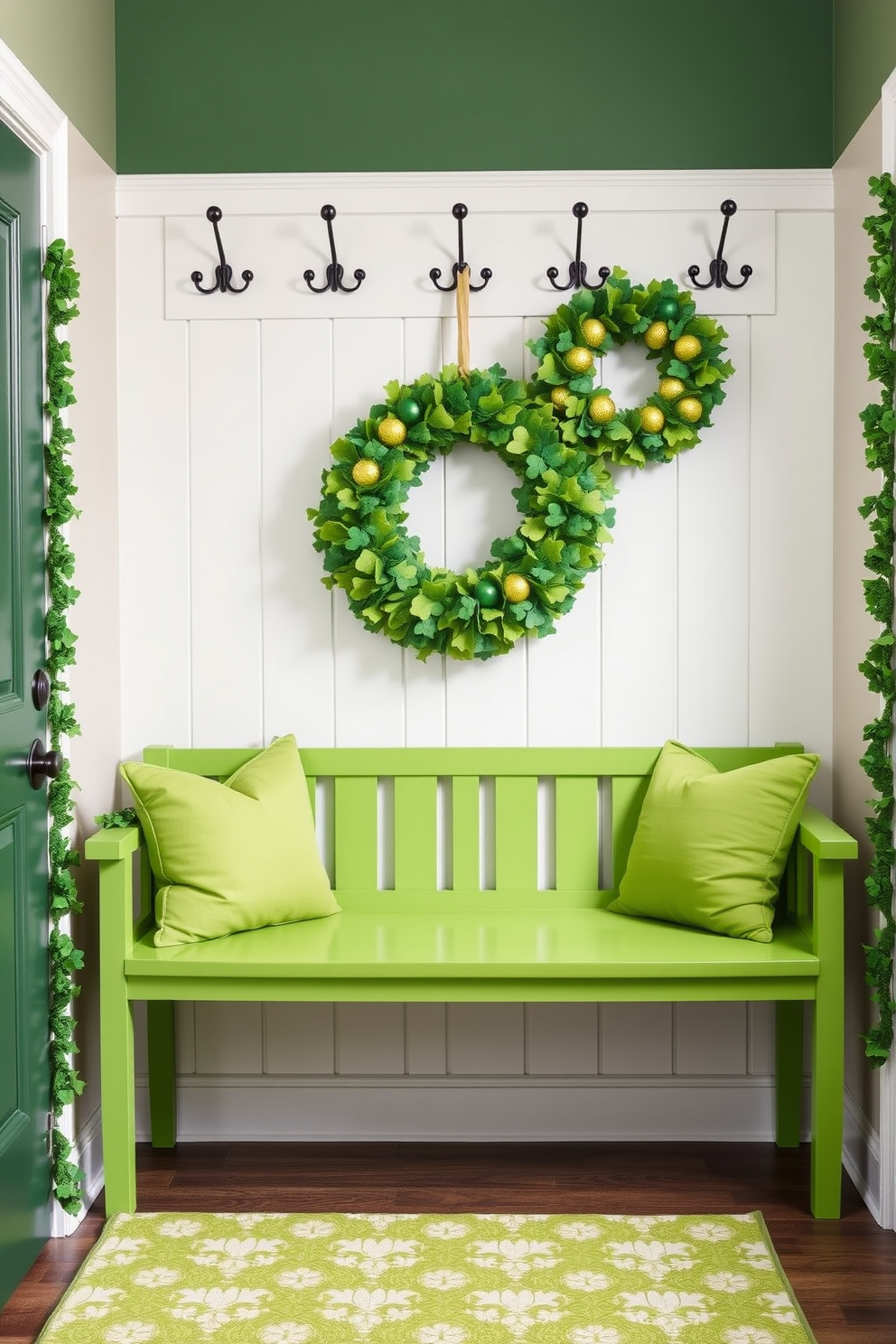 A bright green bench with plush cushions is positioned against the wall of a mudroom, creating a vibrant and inviting focal point. Above the bench, decorative hooks are mounted for hanging coats and bags, enhancing both functionality and style. For St. Patrick's Day, the mudroom is adorned with festive decorations, including shamrock garlands draped along the bench. A cheerful wreath featuring green and gold accents hangs on the door, welcoming guests with seasonal charm.