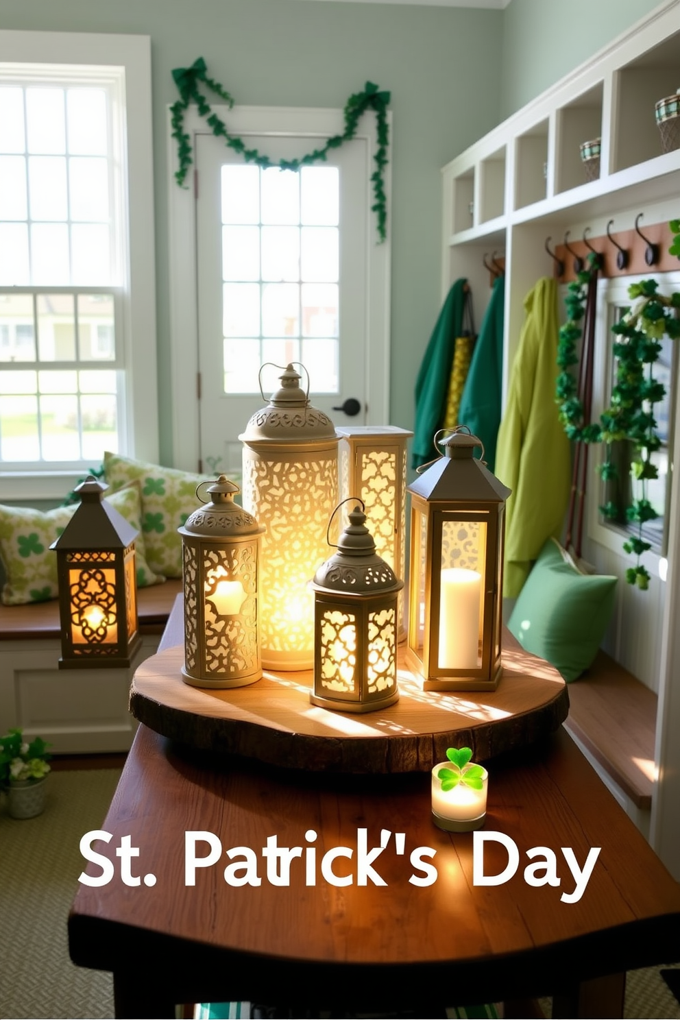 A collection of decorative lanterns is arranged on a rustic wooden table, casting a warm and inviting glow throughout the space. The lanterns vary in size and style, featuring intricate cut-out designs that create beautiful shadows on the surrounding walls. The mudroom is designed with practicality in mind, featuring built-in storage benches and hooks for hanging coats and bags. Natural light floods the space through a large window, highlighting the cheerful decor that includes vibrant green accents for a fresh and welcoming atmosphere. For St. Patrick's Day, the decorating ideas incorporate shades of green, gold, and white to create a festive ambiance. Shamrock-themed decorations, such as garlands and table centerpieces, enhance the celebratory spirit while maintaining an elegant and cohesive design.