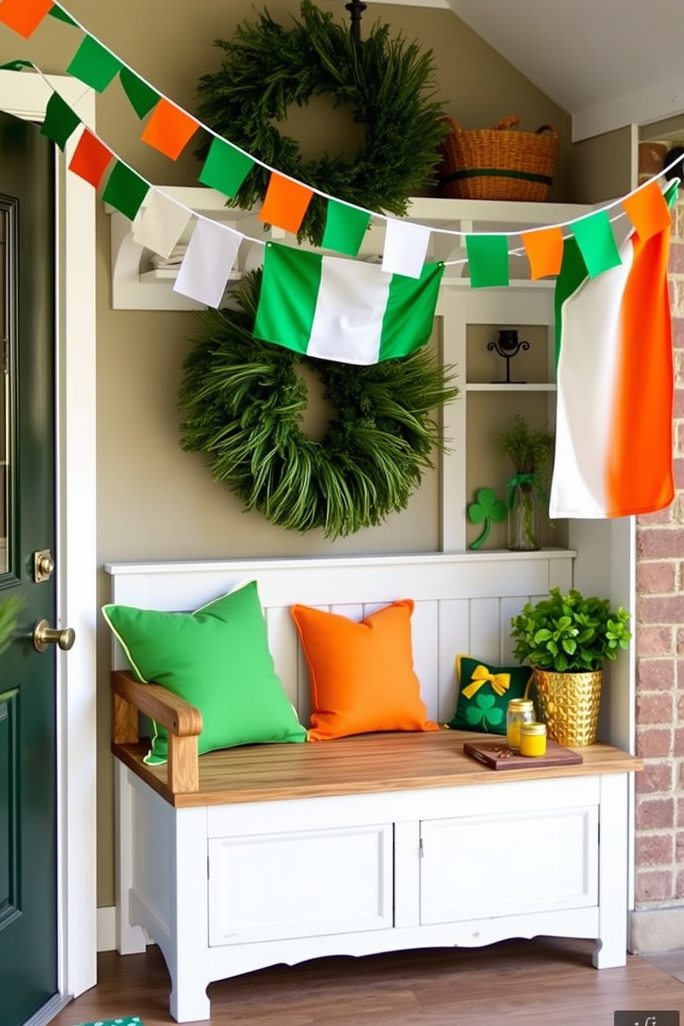 A charming entryway adorned with Irish flag bunting creates a festive atmosphere. The bunting gracefully drapes across the entrance, welcoming guests with vibrant green, white, and orange colors. The mudroom features playful St. Patrick's Day decorations that enhance the cheerful vibe. A rustic bench is accented with green cushions, while decorative shamrocks and gold accents add a touch of holiday spirit.