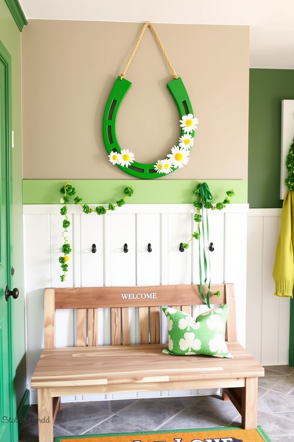 Lucky horseshoe wall art for luck. The horseshoe is painted in a vibrant green color and adorned with white daisies, hanging above a rustic wooden bench. Mudroom St. Patricks Day decorating ideas. The space features a cheerful green and gold color scheme with shamrock garlands draped across the hooks and a festive welcome mat at the entrance.