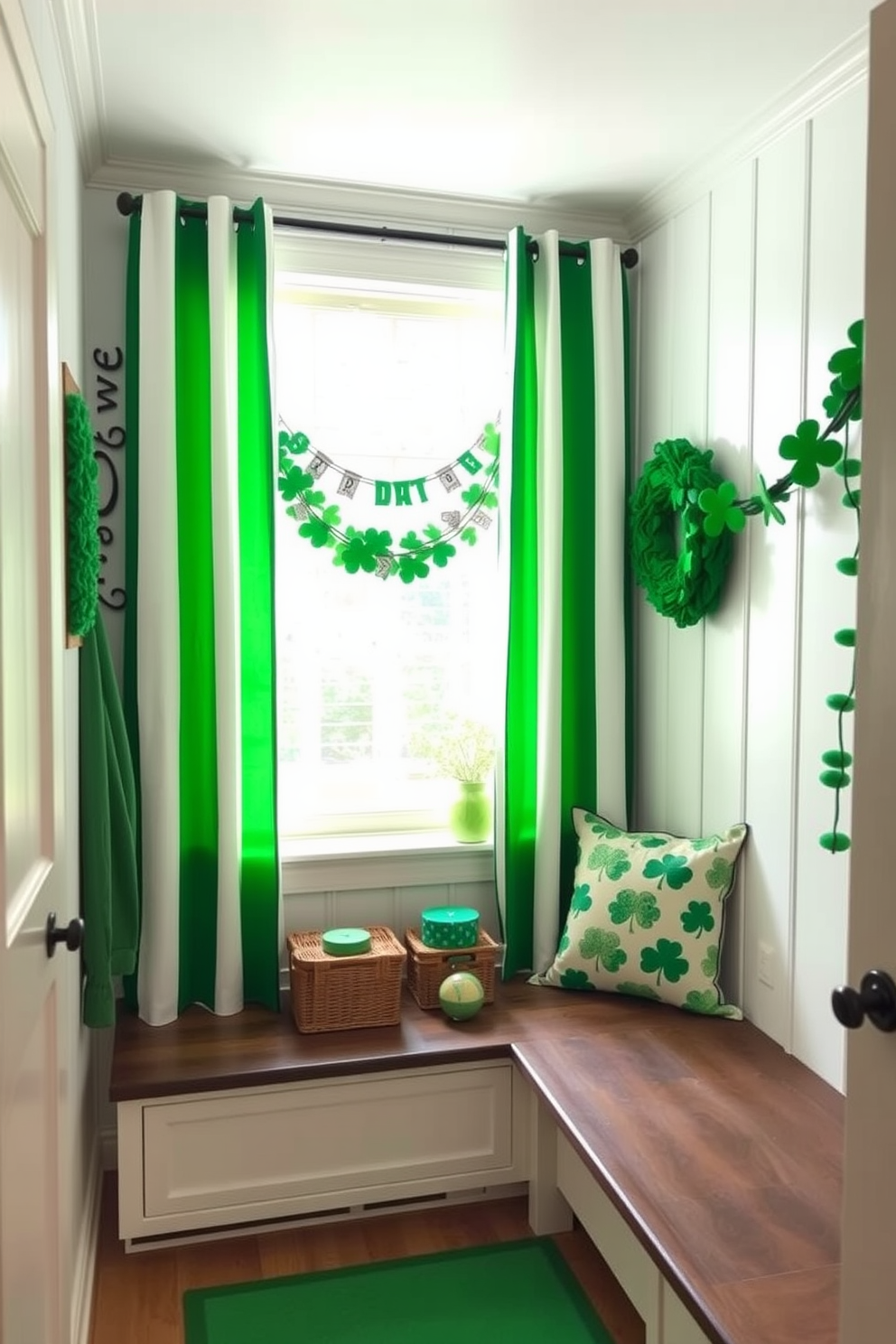 A cozy mudroom featuring green and white striped curtains that frame a large window, allowing natural light to illuminate the space. The room is adorned with festive St. Patrick's Day decorations, including shamrock garlands and green accents that create a cheerful atmosphere.